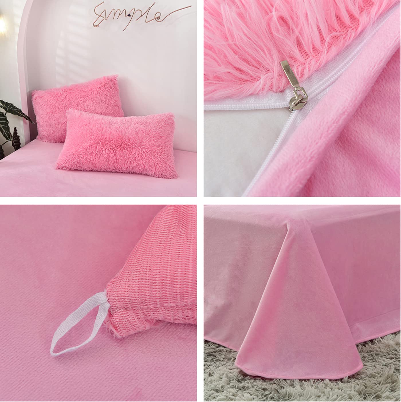 MorroMorn 5-Piece Shaggy Duvet Cover Set - Long Faux Fur Luxury Ultra Soft Bedding (Pink, Full/Queen Size) for Cozy Winter Nights & Stylish Bedroom Decor
