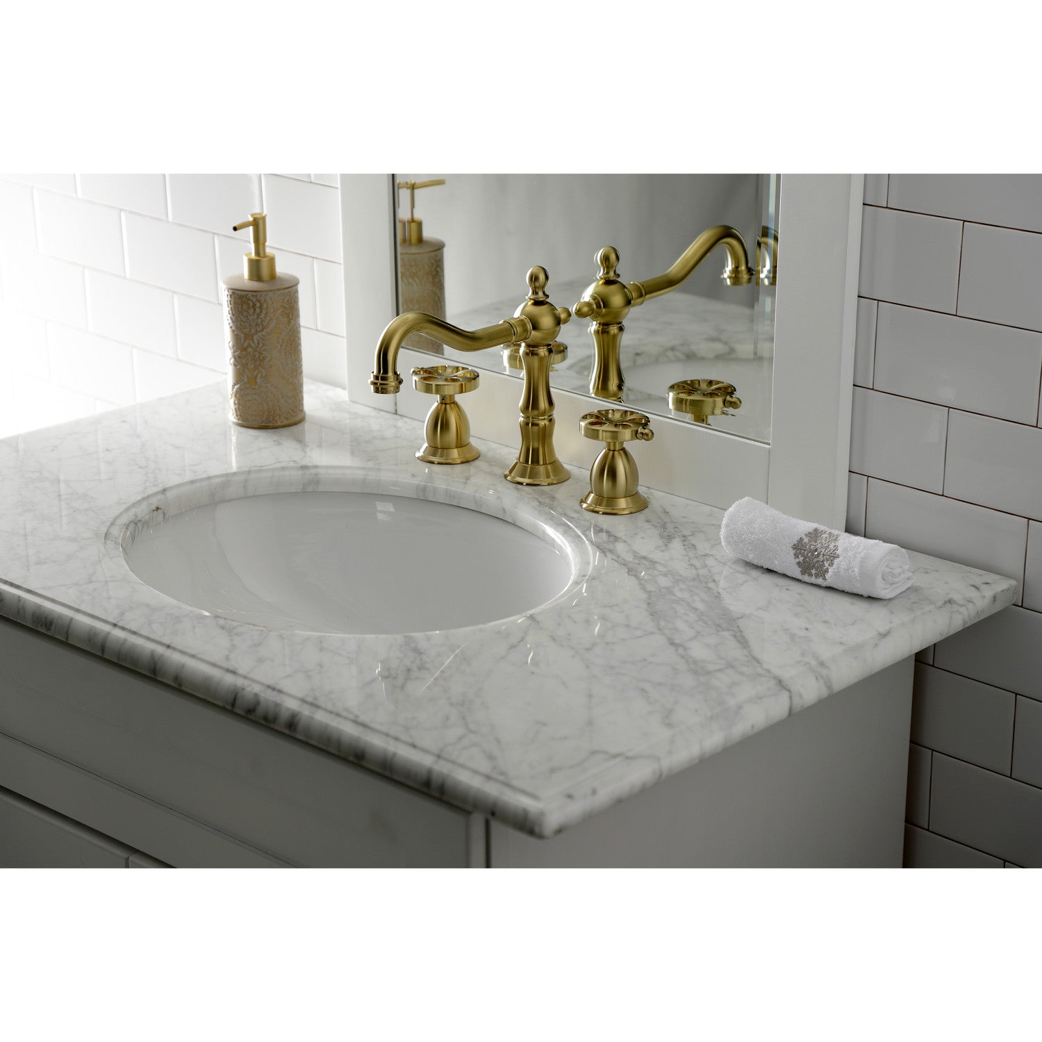 Belknap KS1977RX Brushed Brass Widespread Bathroom Faucet - 3 Hole Deck Mount with Two Handles & Brass Pop Up Drain - Perfect for Modern Bathroom Renovations and Luxury Home Upgrades