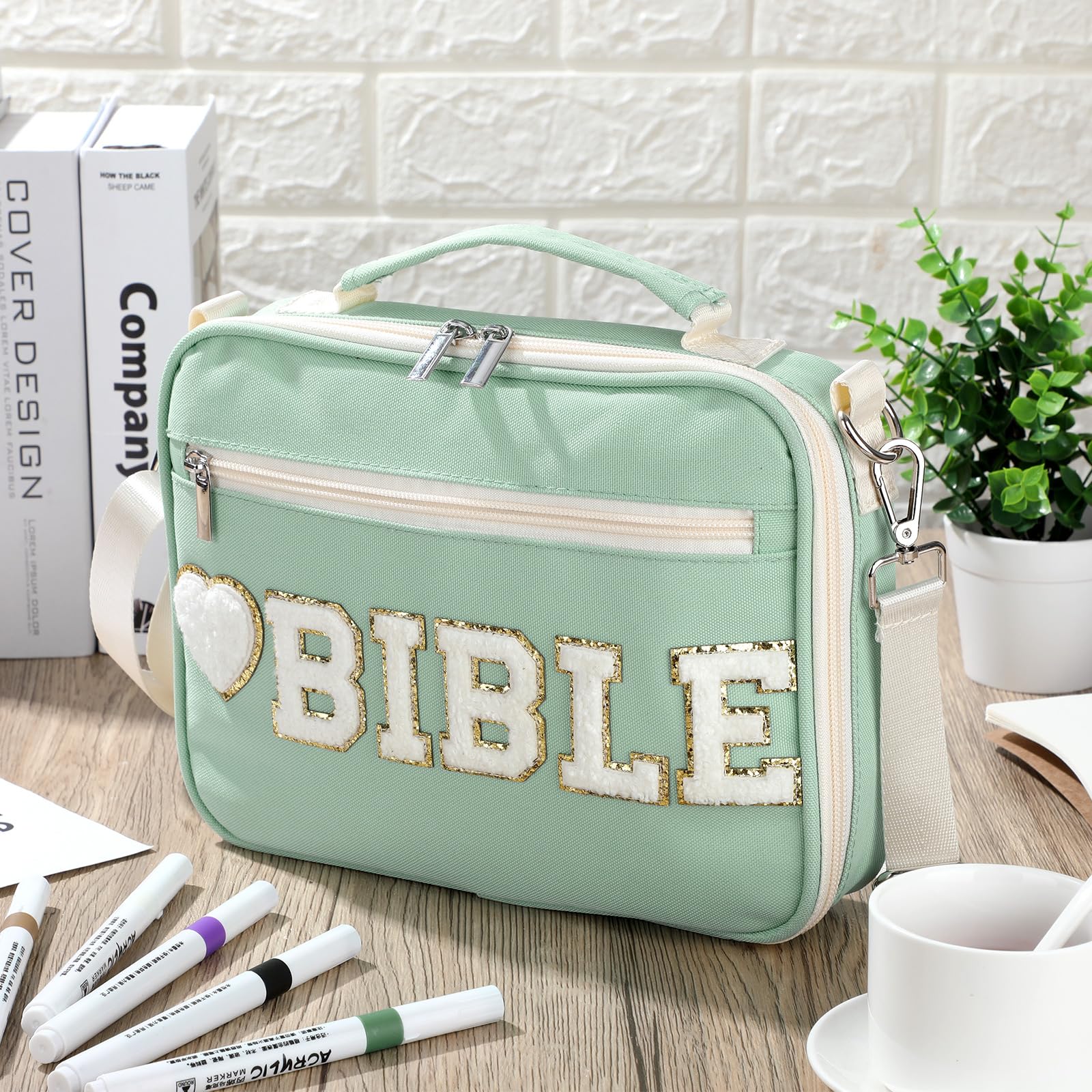 Silkfly Large Chenille Letter Bible Cover for Women - Soft Preppy Patch Bible Case with Handle, Church Bag (Sage Green) | Perfect Gift for Christian Women, Bible Study & Church Services