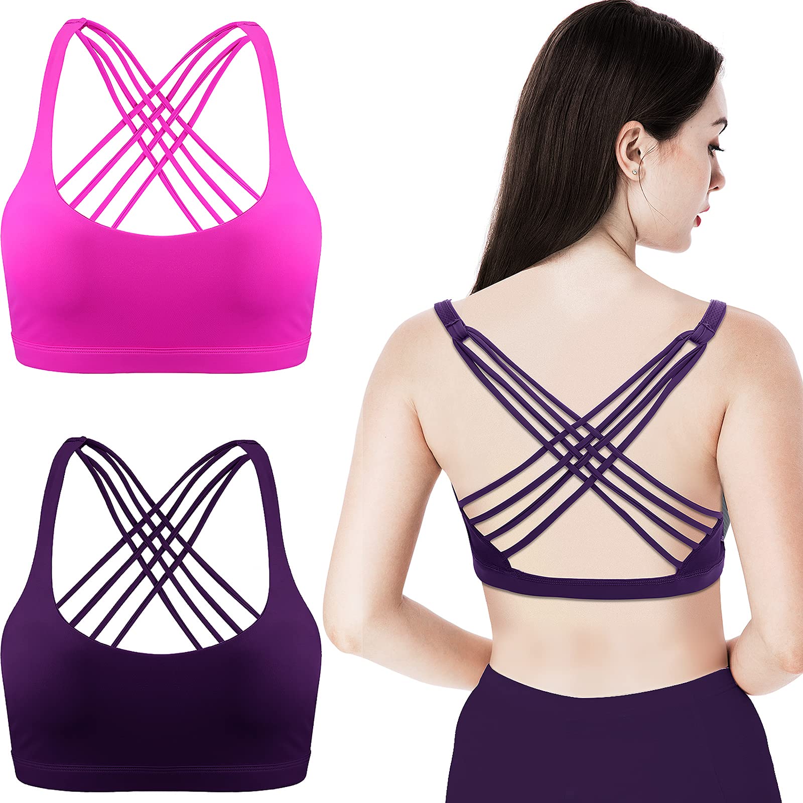 Patelai 2 Pack Women's Padded Sports Bras - Workout Strappy Tank Top with Sexy Cross Back Racerback Design, Seamless Comfort Yoga Bra for Running, Gym & Fitness Activities