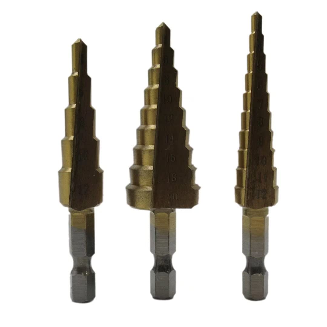 3-Piece Titanium Step Cone Drill Bit Set - 4-12/20/32mm Hole Cutter for Metal, Wood, Plastic - Perfect for DIY Projects, Home Repairs & Crafting