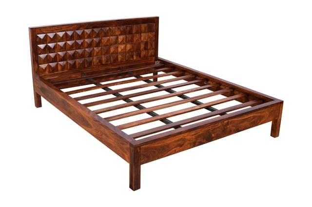 Premium Solid Sheesham Wood Queen Size Bed Frame with Diamond Design - Handcrafted Indian Hardwood Bed for Master Bedroom & Guest Room Elegance