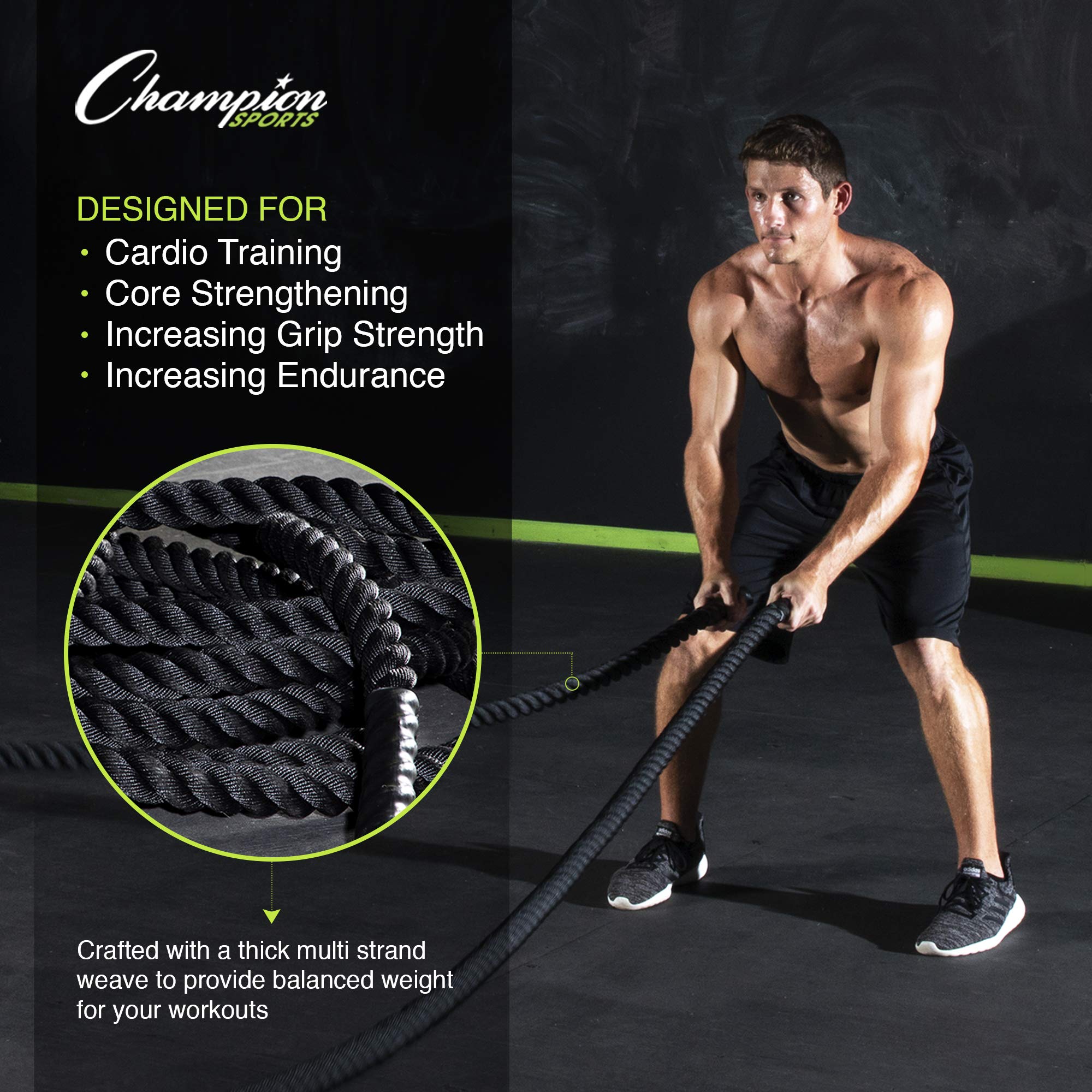 Champion Sports Heavy Duty Training Rope - Rhino Poly Strength & Conditioning Battle Ropes for Gym, Cardio, Cross Training, Weight Lifting & CrossFit - Perfect for Home Workouts, Outdoor Fitness & Professional Training