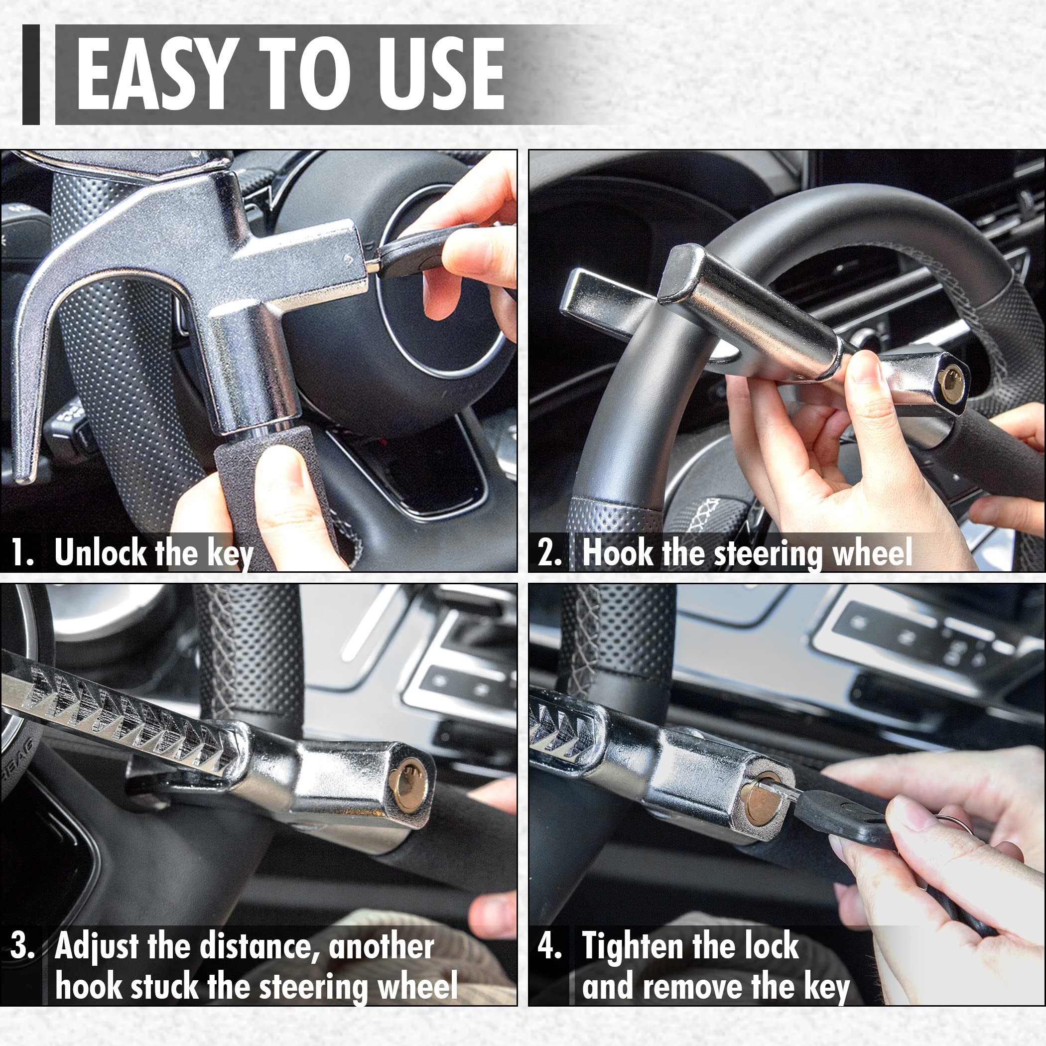 CARTMAN 3-in-1 Steering Wheel Lock - Heavy Duty Anti-Theft Car Security Device with Emergency Hammer & Window Breaker - Adjustable Length Universal Fit for Cars, Vans, SUVs - Perfect for Parking Security, Roadside Emergencies & Self-Defense
