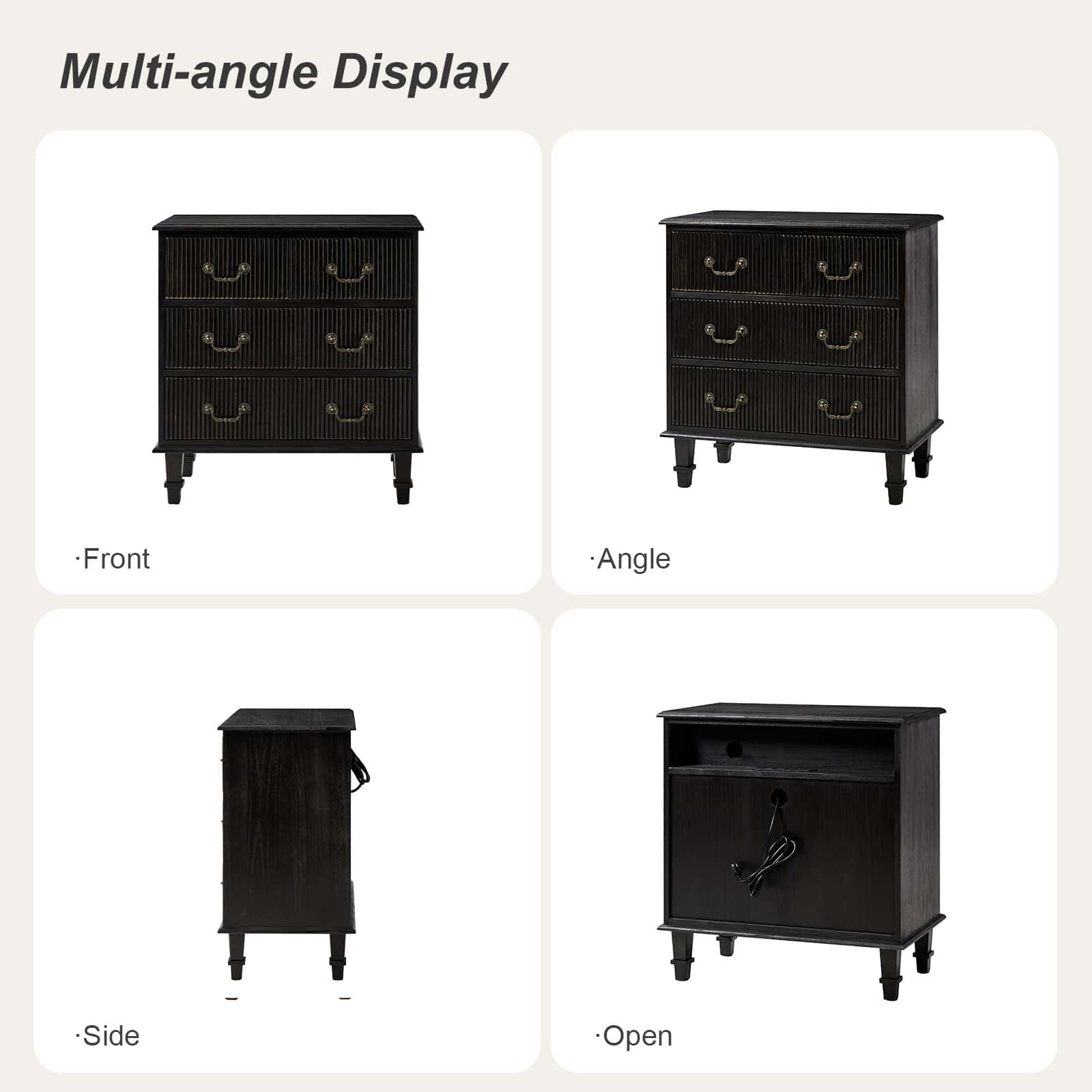 Rustic 3-Drawer Nightstand with USB Charging Station - Solid Wood Bedside Table for Bedroom, Living Room & Guest Room | Galatea Optional Types