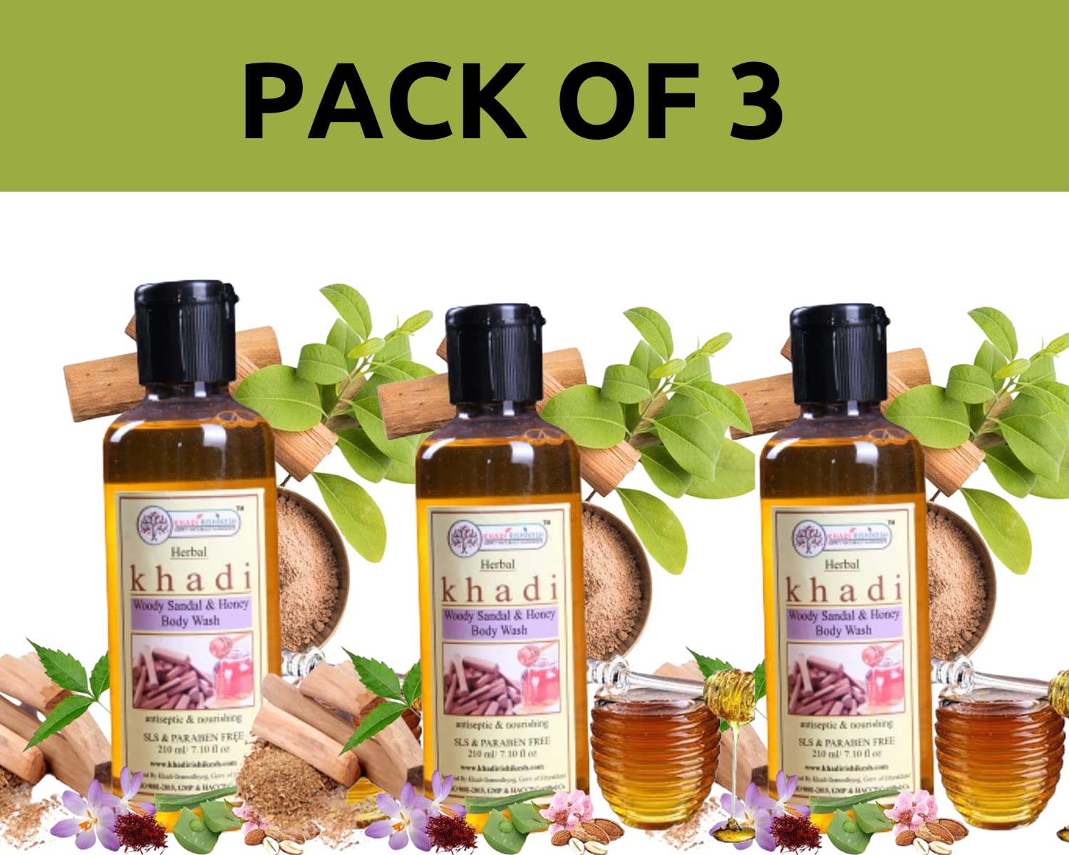 Khadi Rishikesh Herbal Sandalwood & Honey Body Wash - Pore Tightening, Tan Removal & Acne Treatment for Glowing Skin (3-Pack, 3x210ml) | Perfect for Daily Skincare Routine & Spa-Like Bath Experience