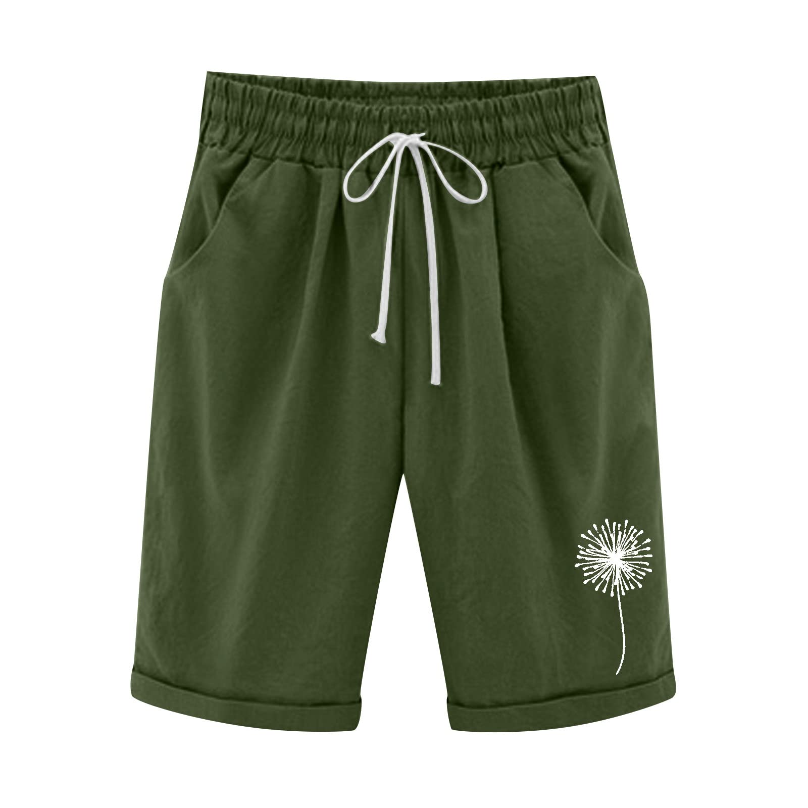 Smileyth Women's Summer Dandelion Print High Waisted Cotton Linen Shorts - Plus Size Beach Lounge Pants with Pockets & Lacing Detail (Army Green, XXXL) | Perfect for Vacation, Yoga, Casual Wear & Outdoor Activities
