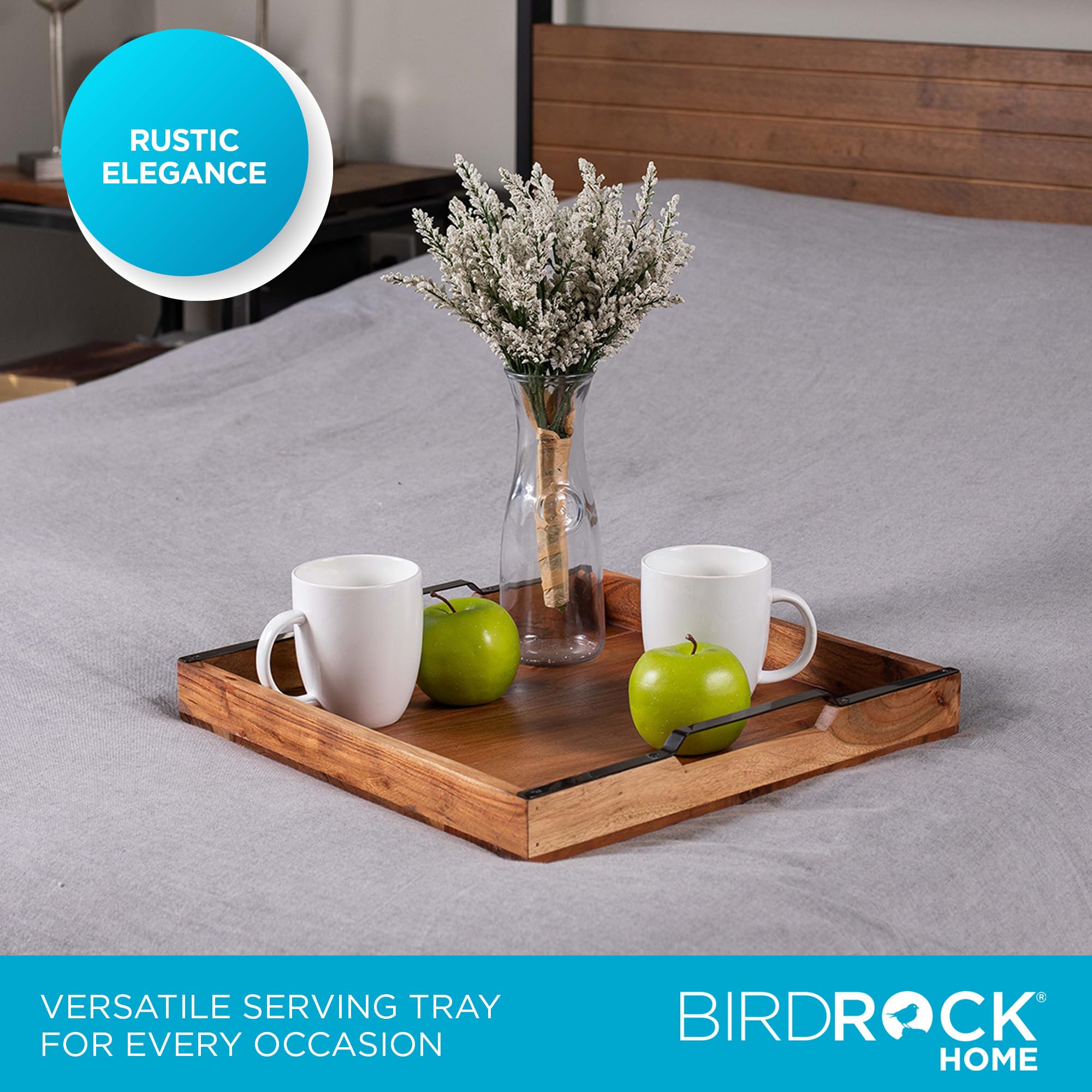 BIRDROCK HOME Acacia Wood Serving Tray with Handles - Farmhouse Style Square Wooden Tray for Breakfast, Tea, Cheese & Coffee - Natural Kitchen & Bar Decor - Perfect for Dining, Entertaining & Home Decor