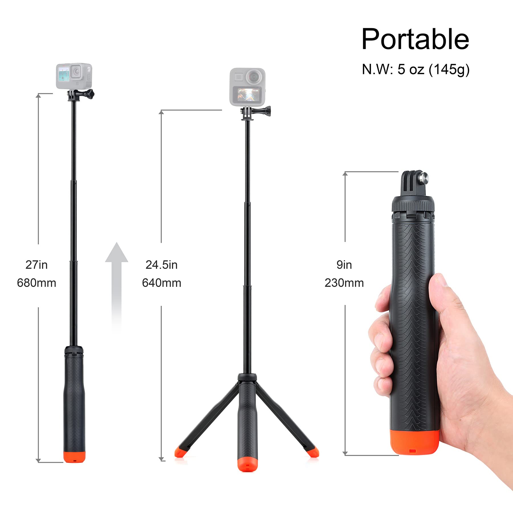 Extendable Selfie Stick with Tripod Stand - 3-in-1 Multi-Function Handheld Monopod for GoPro Hero 3 to 13/Session/2018 & Smartphones - Perfect for Travel, Vlogging, Water Sports and Outdoor Adventures