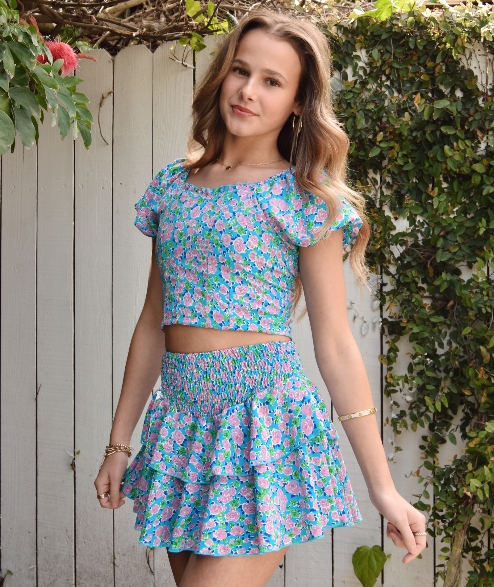 FBZ Girls Shay Blue & Green Floral Print Chiffon Blouse - Perfect for Spring Outfits, Parties & Casual Wear
