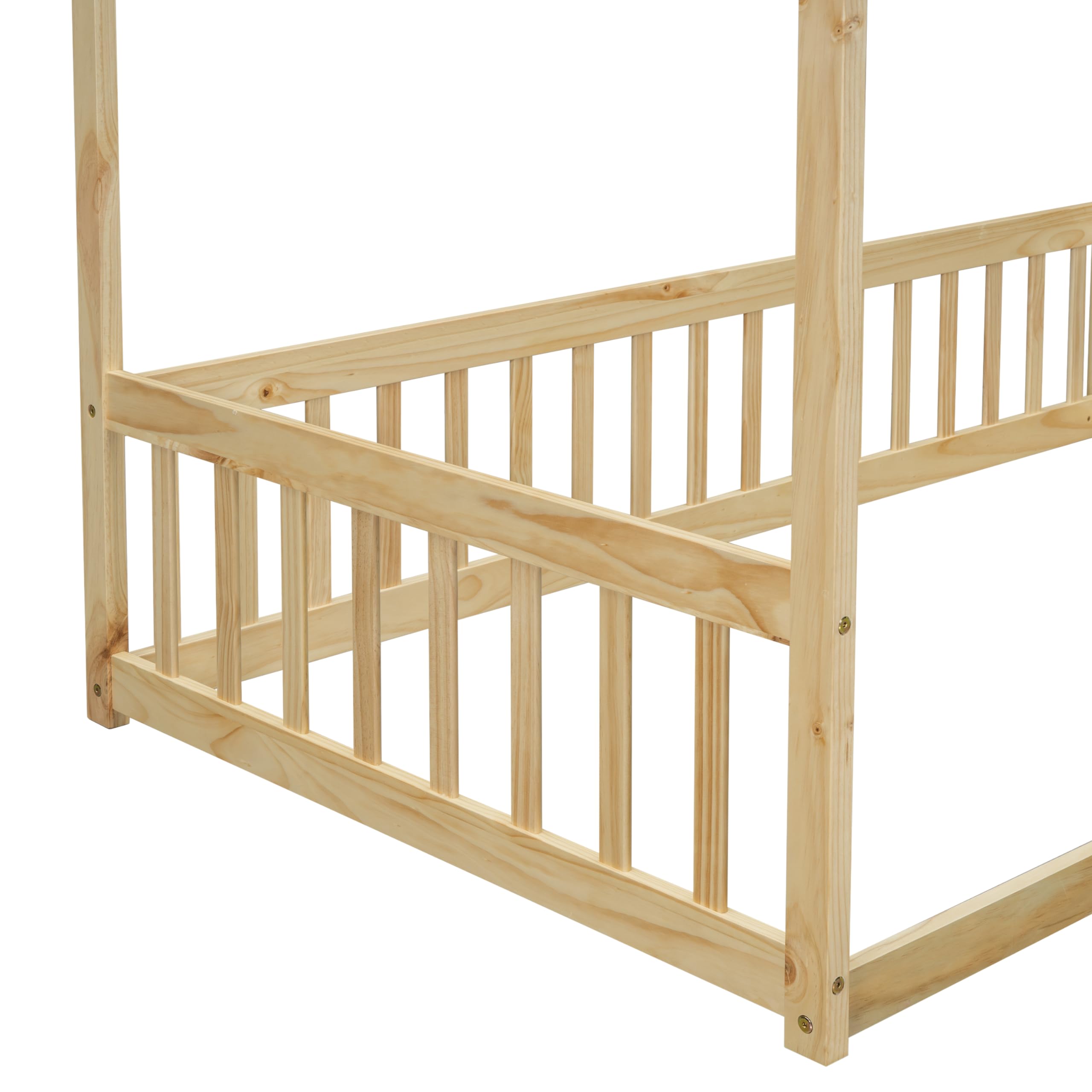 Twin Size Wooden Canopy Bed Frame with Guardrails for Kids - Montessori Floor Bed with Four Poster Design - Natural Wood Toddler Bed for Girls & Boys - Perfect for Bedrooms, Playrooms & Montessori Learning Spaces