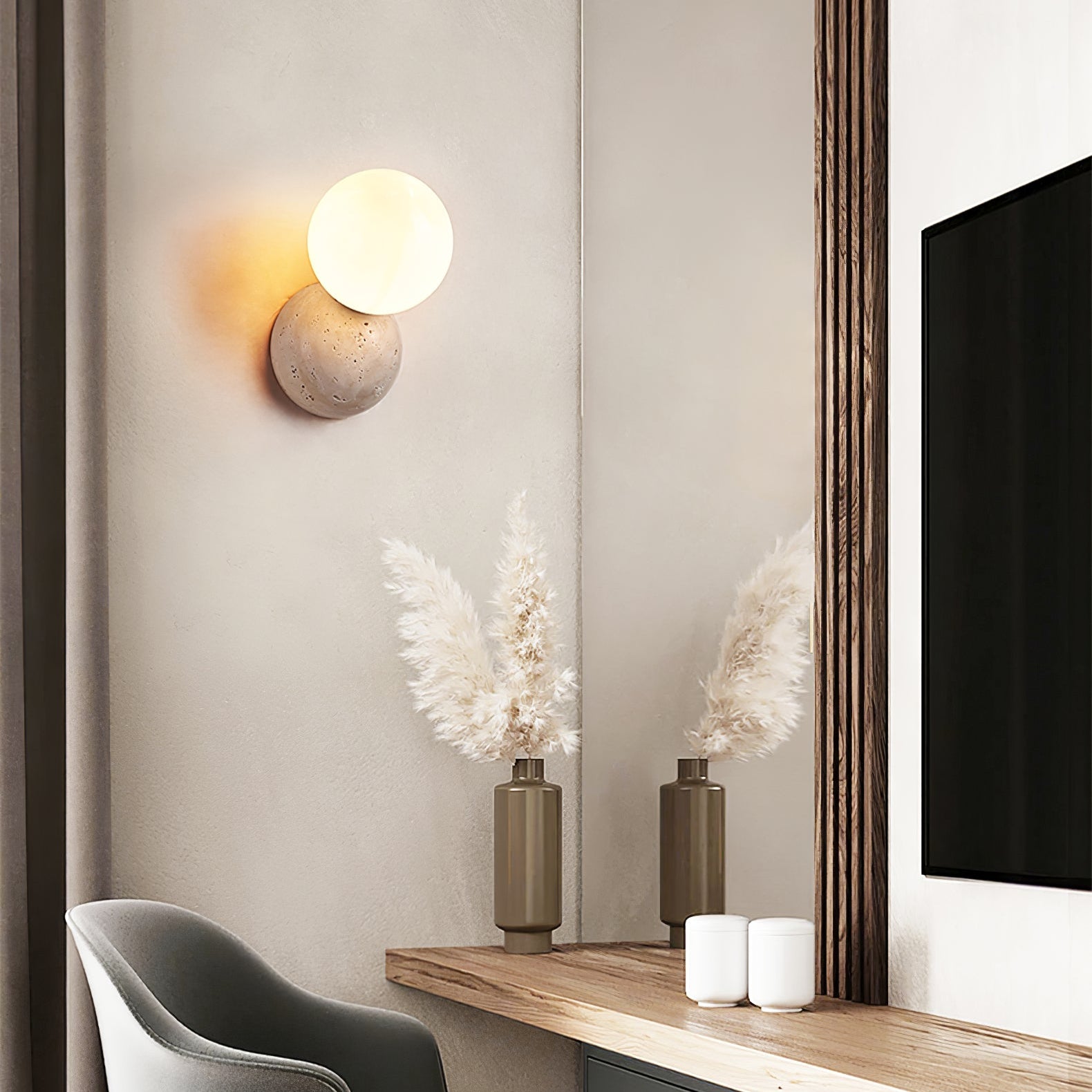 Celestial Travertine Wall Sconce - Modern Stone Light Fixture for Bedroom, Living Room & Hallway Decor - Indoor Wall Mounted Lighting