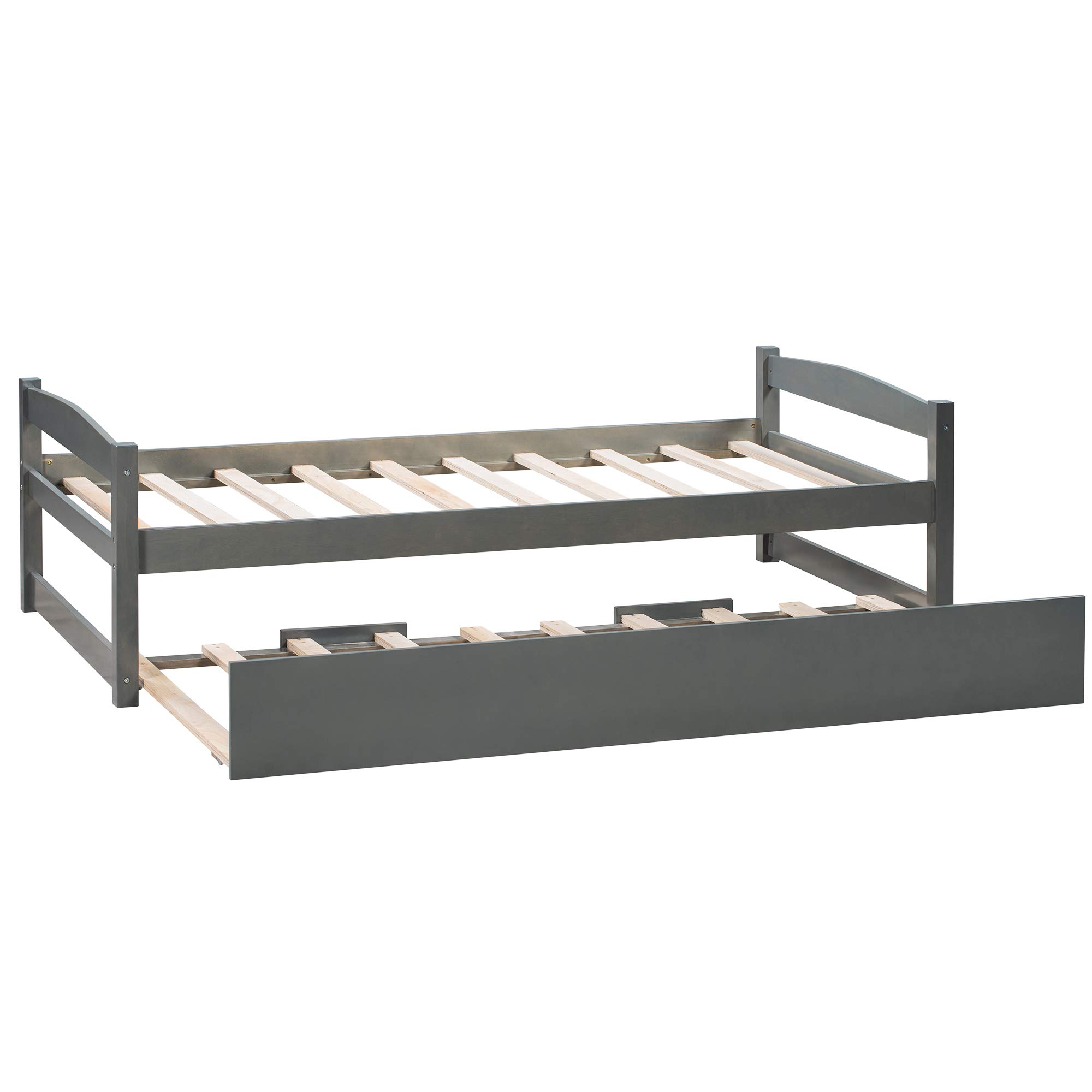 KLMM Twin Size Wooden Platform Bed with Trundle - Captain's Bed Frame with Wooden Slats Support - Space Saving Daybed for Bedroom, Guest Room or Living Room - Modern Gray Wood Furniture for Small Spaces