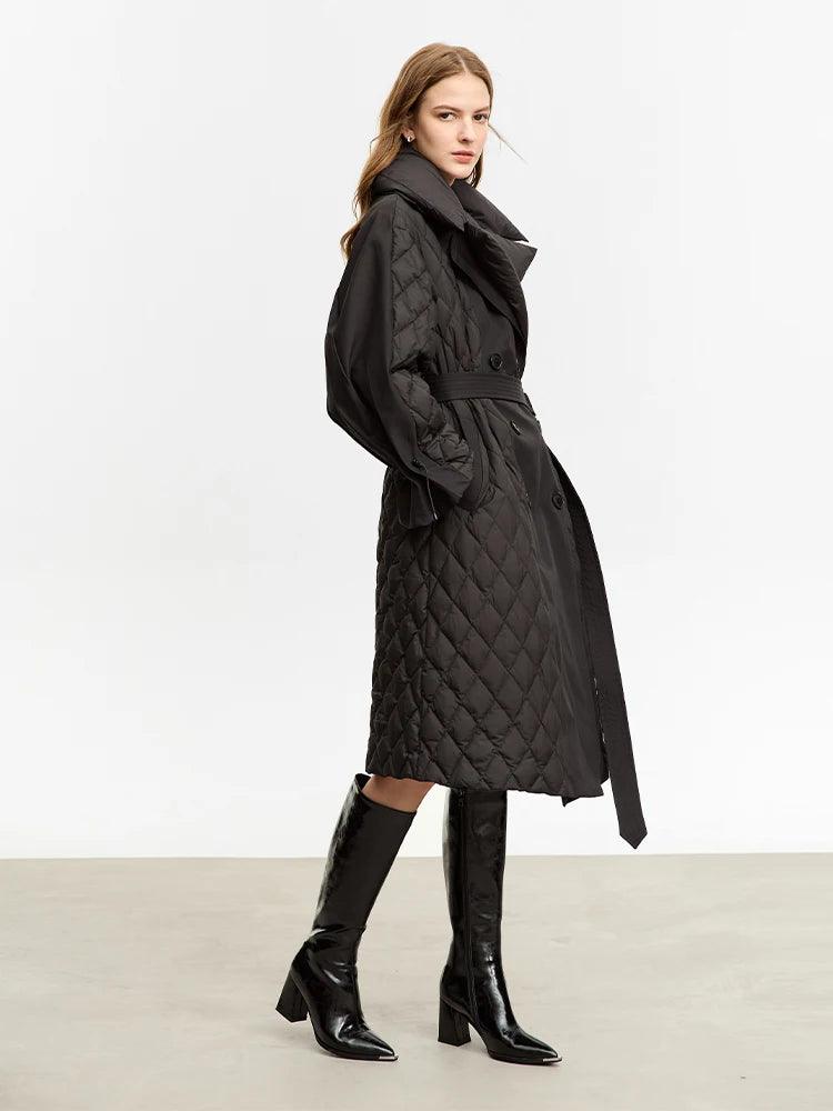 Minimalist Winter Women's Down Coat - Warm Long Double Breasted Jacket with Detachable Faux Fur Collar | Waterproof Windproof Puffer Coat for Cold Weather, Outdoor Activities & Daily Commute