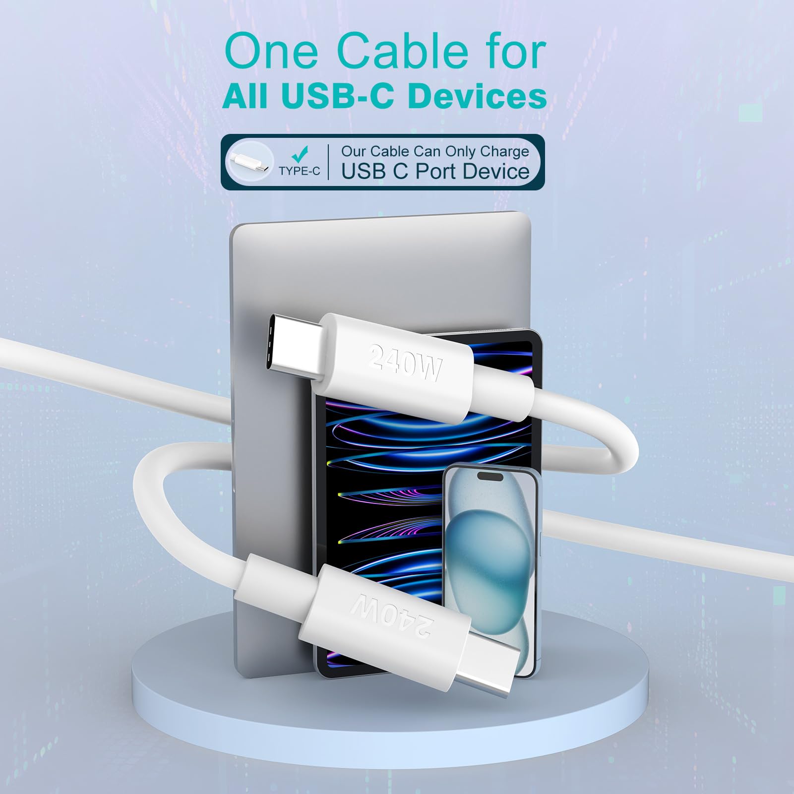 240W 10ft USB C to USB C Fast Charging Cable for MacBook Pro/Air, iPad 10th/Pro/Air/Mini, iPhone 16/15 - High Speed Data Sync & Power Delivery for Home, Office & Travel Charging