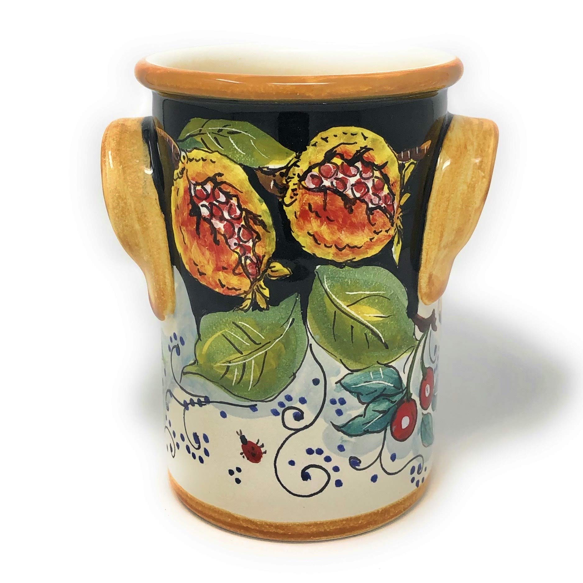 Hand Painted Italian Pottery Utensil Holder & Wine Bottle - CERAMICHE D'ARTE PARRINI Tuscan Florence Decorated Fruits - Authentic Made in Italy Ceramic Kitchen Decor for Rustic Farmhouse & Mediterranean Style Homes