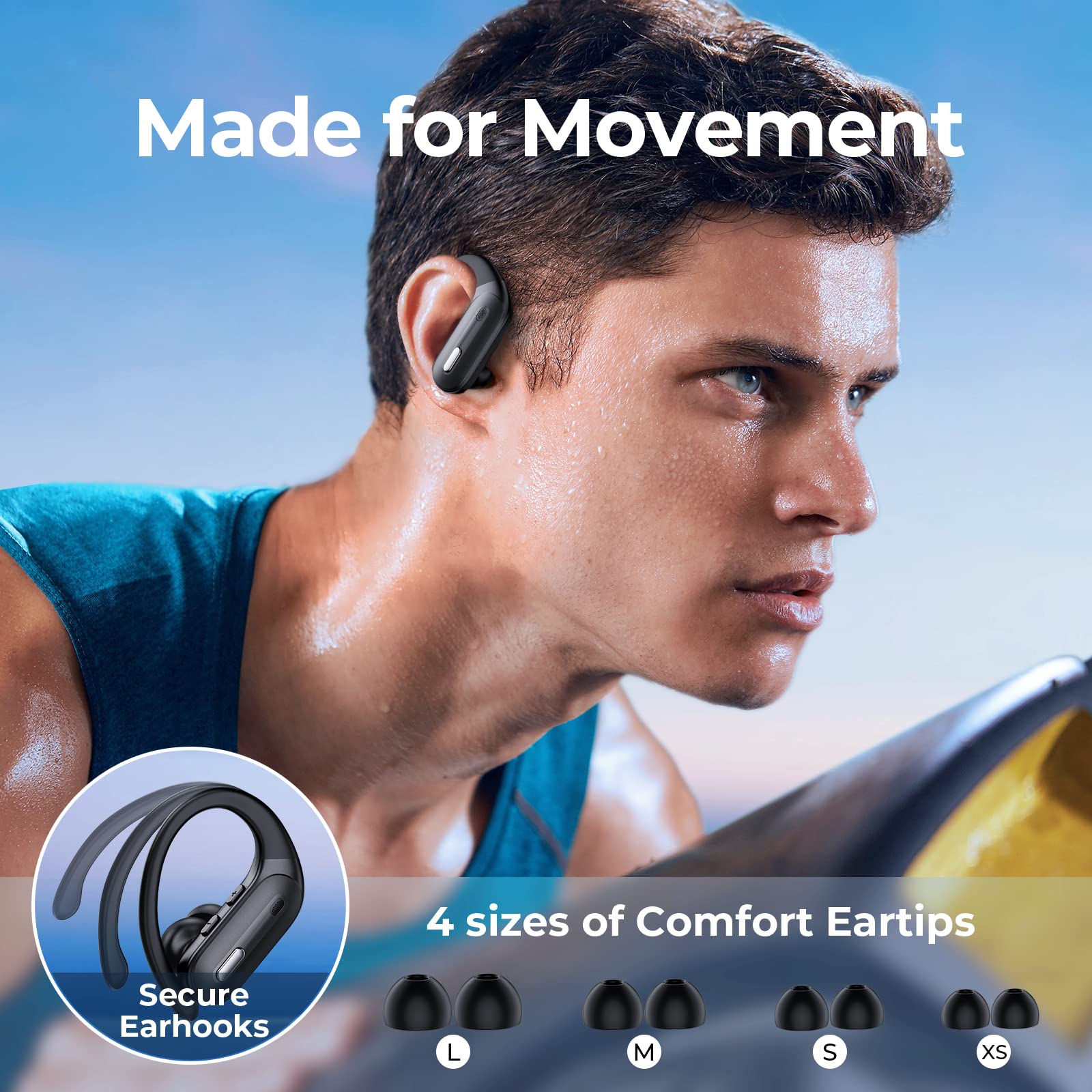 **Wireless Earbuds Bluetooth 5.3 with 90H Playtime, Wireless Charging Case, Power Display, Earhooks & IPX7 Waterproof – Stereo Sound for Android, Workouts, Running & Gym (Black)**