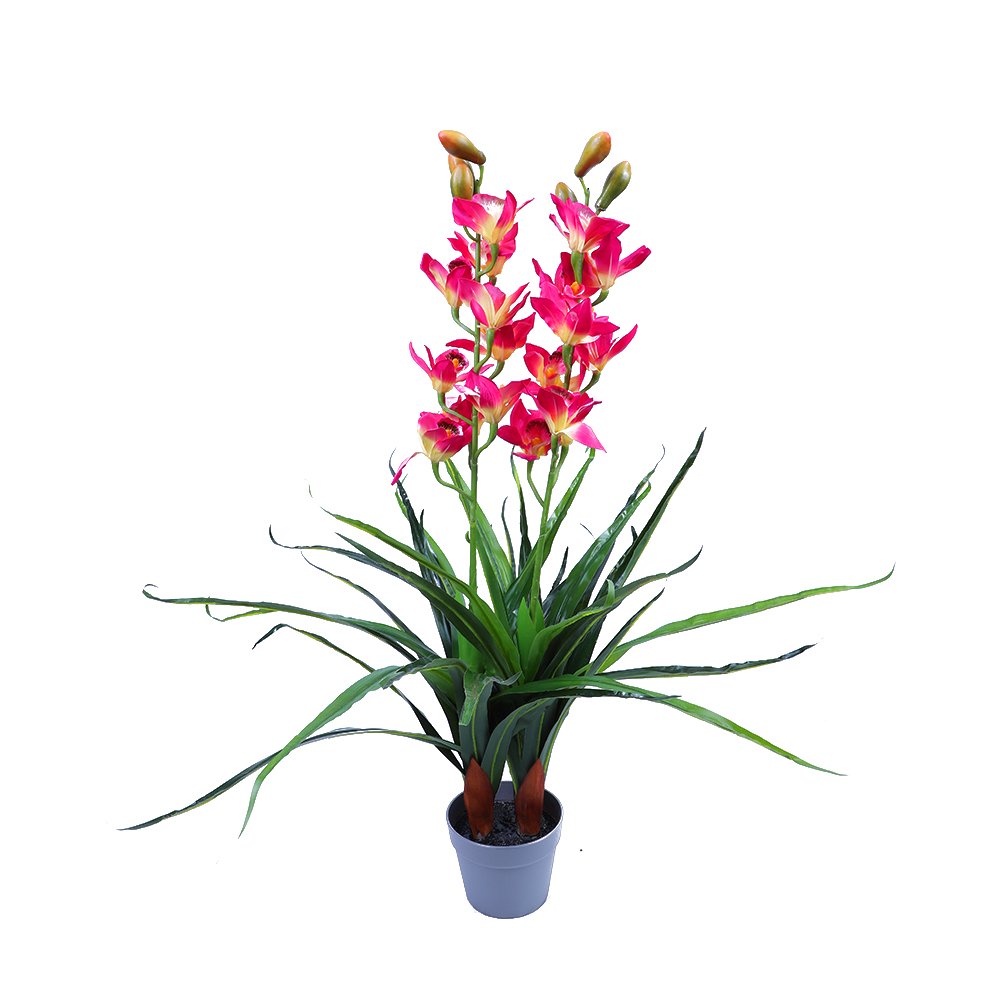100cm Faux Artificial Silk Cymbidium Orchid Plant - Red & White Home Decor Potted Flower for Living Room, Office, Wedding Centerpiece Decorations