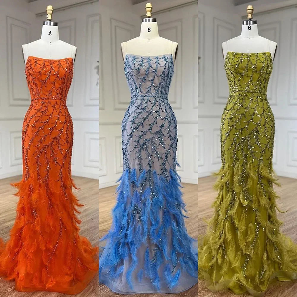Serene Hill Orange Spaghetti Strap Mermaid Evening Dress with Feathers & Beading - Elegant Women's Formal Gown for Weddings, Parties & Special Occasions | 2025 LA72272