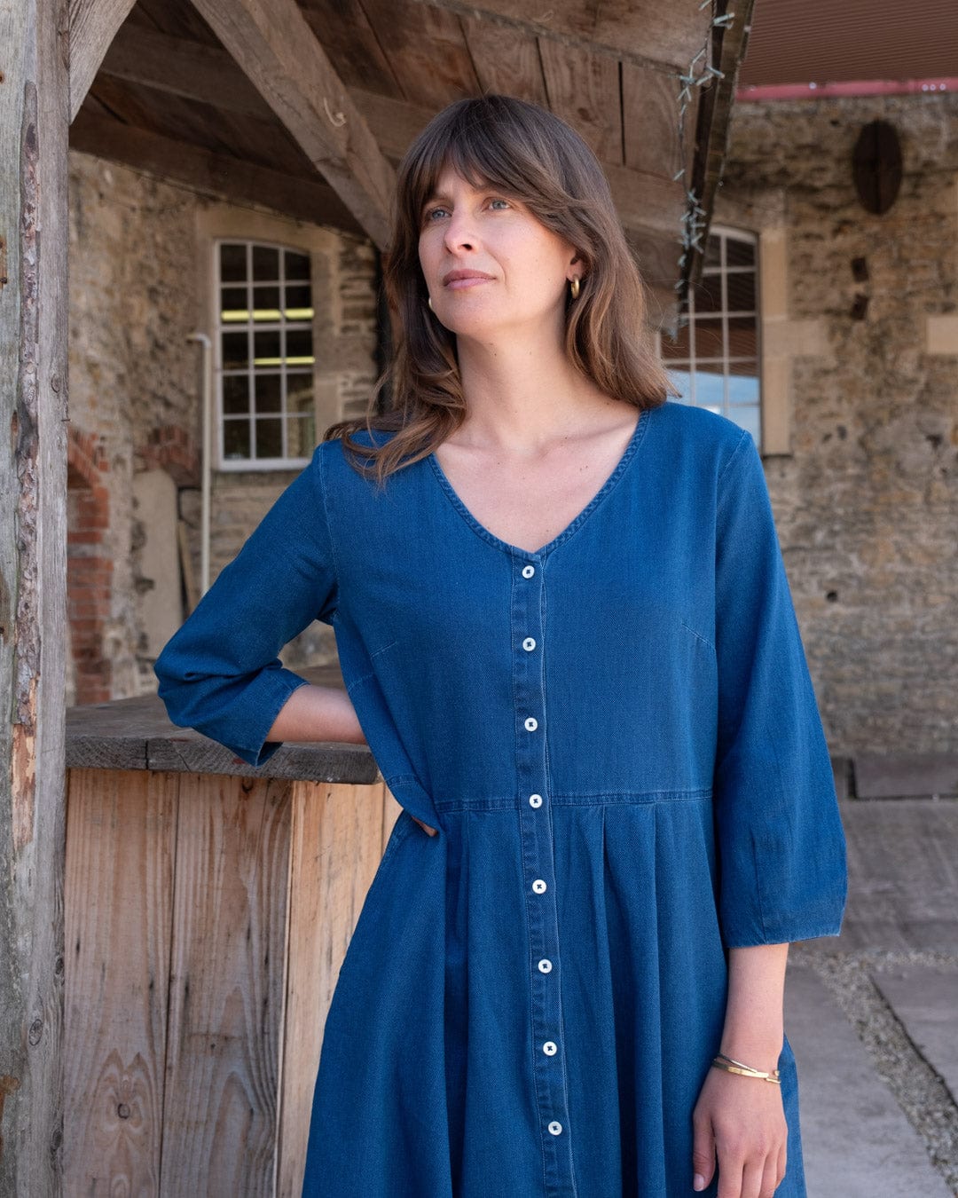 Jane Women's Cotton Midi Dress - Textured Denim A-Line Dress for Casual Wear, Office & Summer Outings