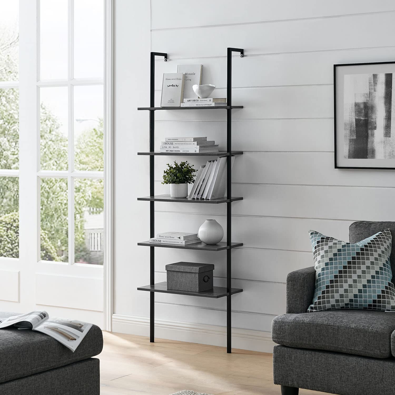 HMOREY 5-Tier Wooden Bookshelf - Modern Open Wall Ladder Bookcase with Heavy Duty Farmhouse Design, Vintage Kitchen Storage & Plant Display Shelf (Black) - Perfect for Living Room, Bedroom, Office & Farmhouse Decor