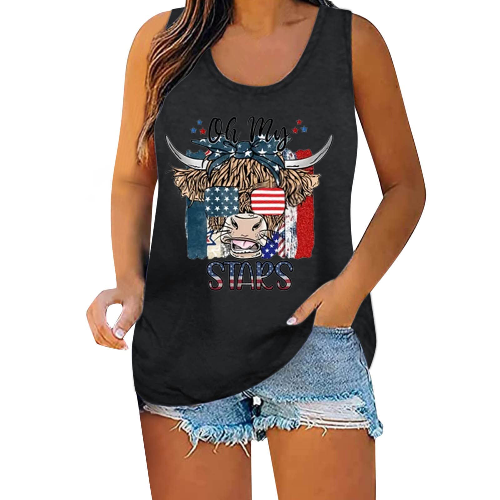 Women's Independence Day Print Tank Tops - Summer Casual Sleeveless Muscle Tee - Patriotic Graphic Vest Tops for Women - Perfect for 4th of July Celebrations, BBQs & Summer Outfits