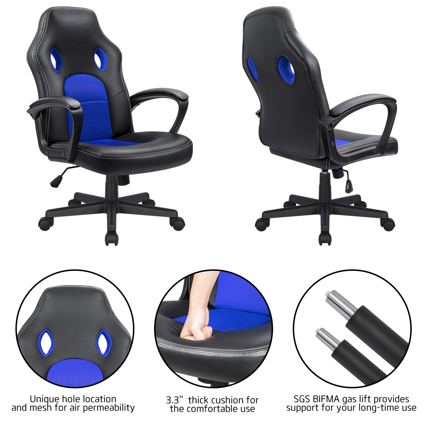 Ergonomic High Back Office Gaming Chair - Adjustable Leather Computer Desk Chair for Racing Games, Executive Conference & Task Work - Comfortable Blue Gaming Chair for Home & Office Use