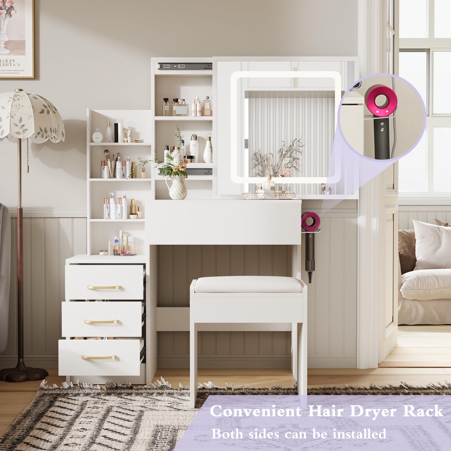 White Vanity Desk with Mirror and Lights - Makeup Dressing Table Set with 4 Large Drawers, Adjustable 3-Color LED Lighting, Bedroom Vanity Set for Women - Perfect for Makeup, Skincare & Dressing Room Organization