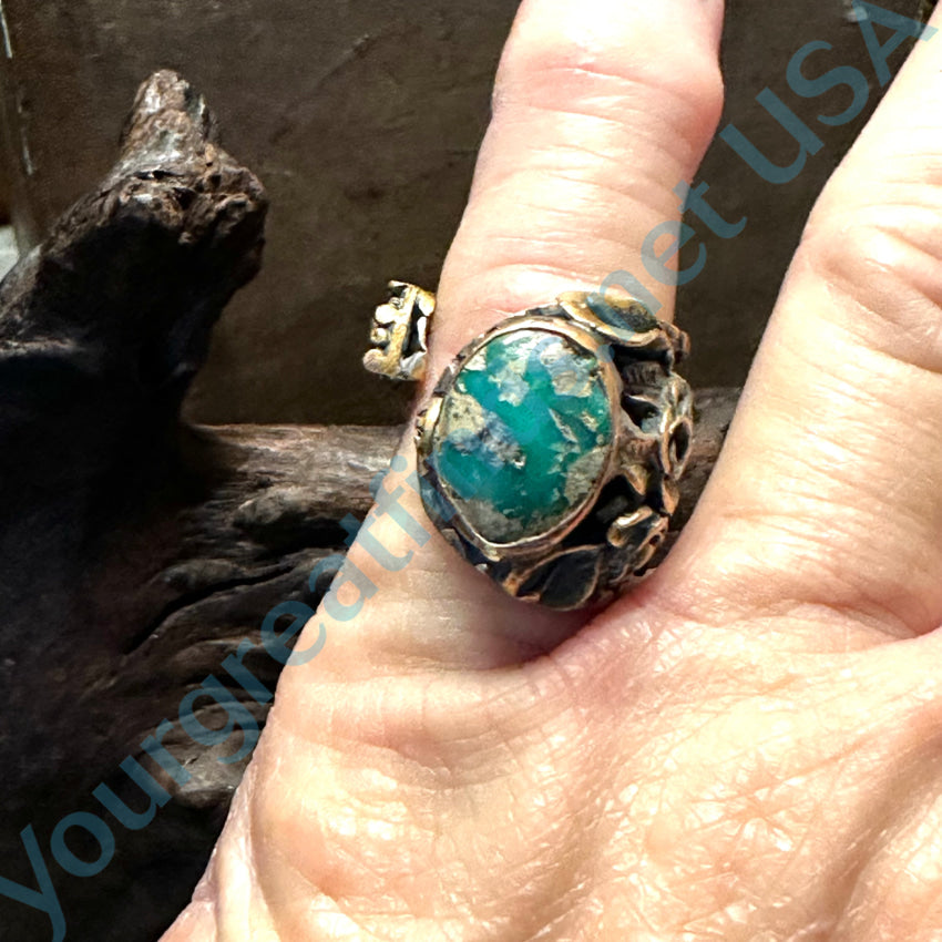 Handmade Vintage Sterling Silver & Brass Ring with Turquoise and Ruby Gemstones – Perfect for Boho, Hippie, and Festival Jewelry Lovers