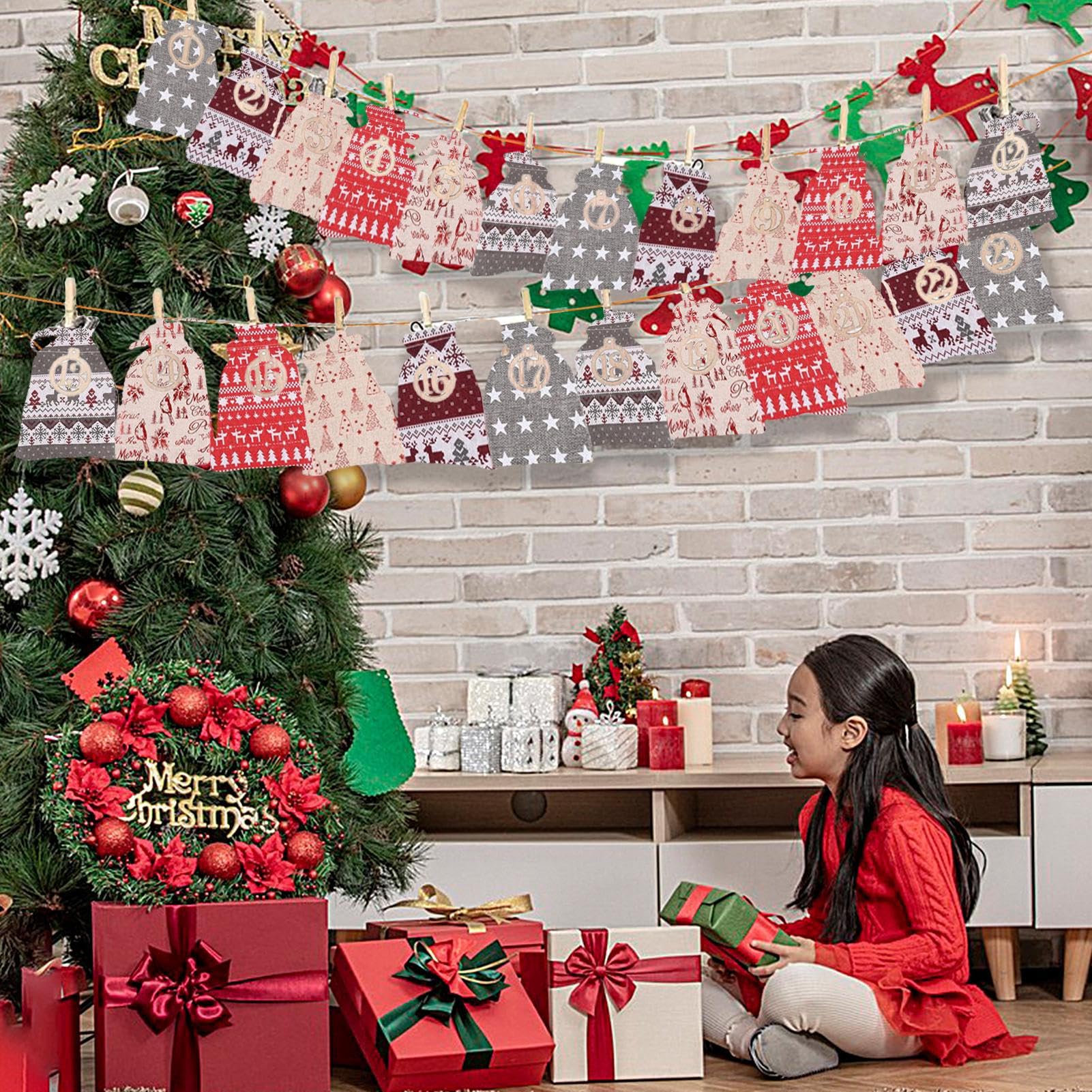 24-Piece DIY Jute Fabric Advent Calendar Bags Set with Clip & Rope - Fillable Christmas Countdown Bags for Holiday Decorations, Gift Wrapping, and Festive Party Favors