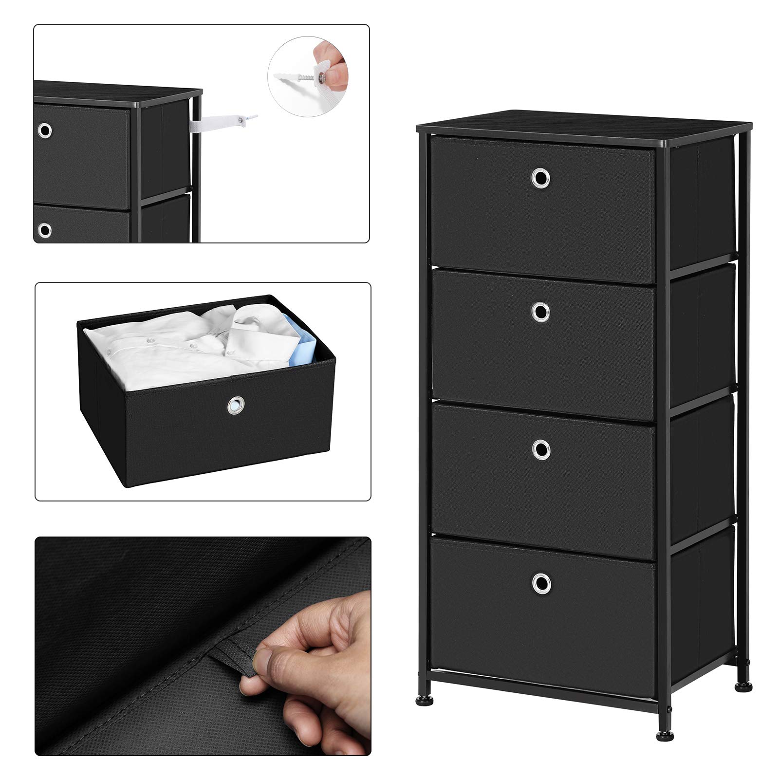 SONGMICS 4-Drawer Fabric Nightstand with Metal Frame & Wooden Tabletop - Bedside Storage Organizer for Living Room, Bedroom, Closet & Nursery - Black ULTS04H | Perfect for Small Spaces & Modern Home Decor