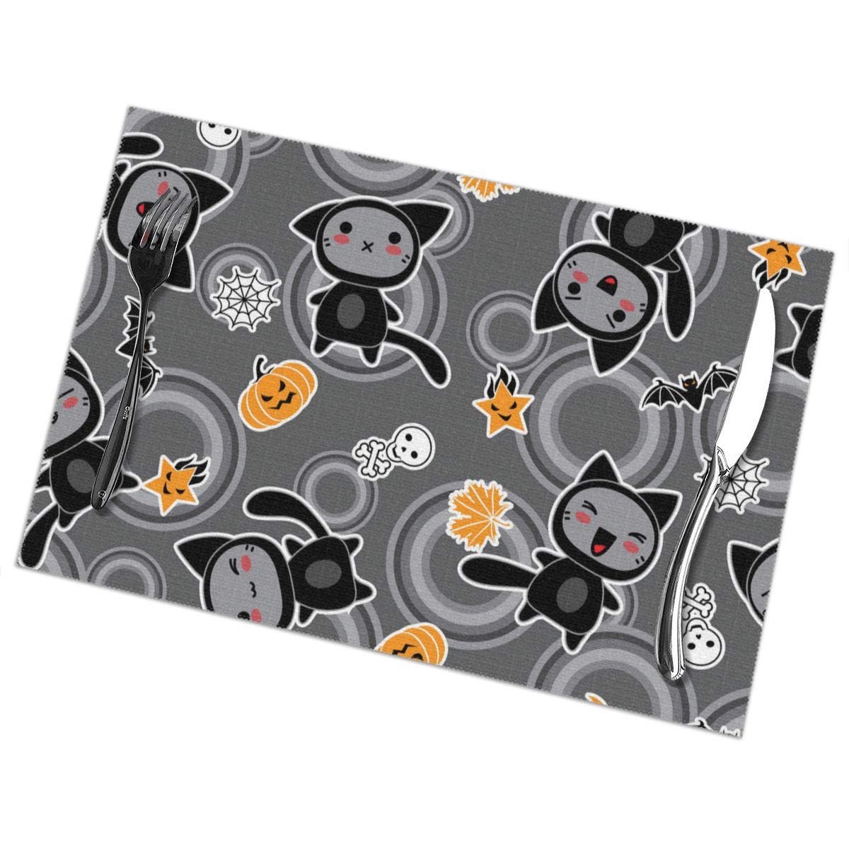 Halloween Cartoon Cat Table Placemats Set of 6 - 12x18 Inch Washable & Heat-Resistant Dining Table Mats for Kitchen, Party Decor - Perfect for Halloween Dinner, Thanksgiving, and Family Gatherings