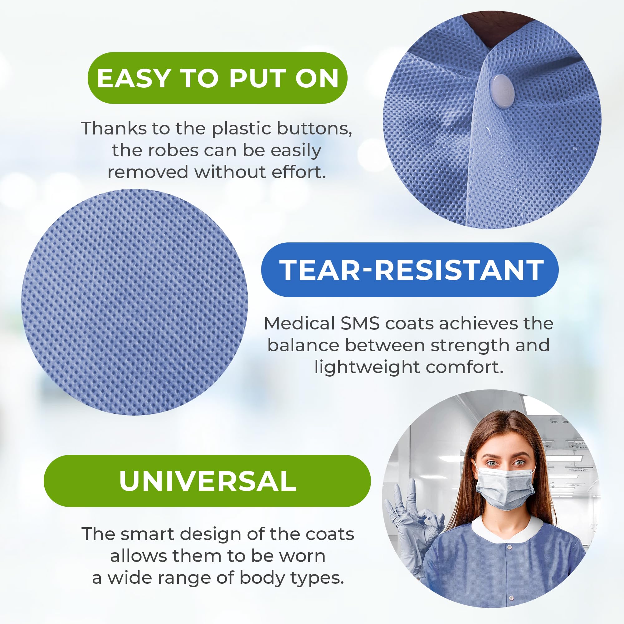 AMZ Disposable Lab Coats for Adults - Medium Size, Pack of 50 - Blueberry SMS Knee-Length Medical Lab Coats (45 GSM) with Cuffs, Knit Collar & 3 Pockets - Ideal for Medical, Dental, Painting & Laboratory Use