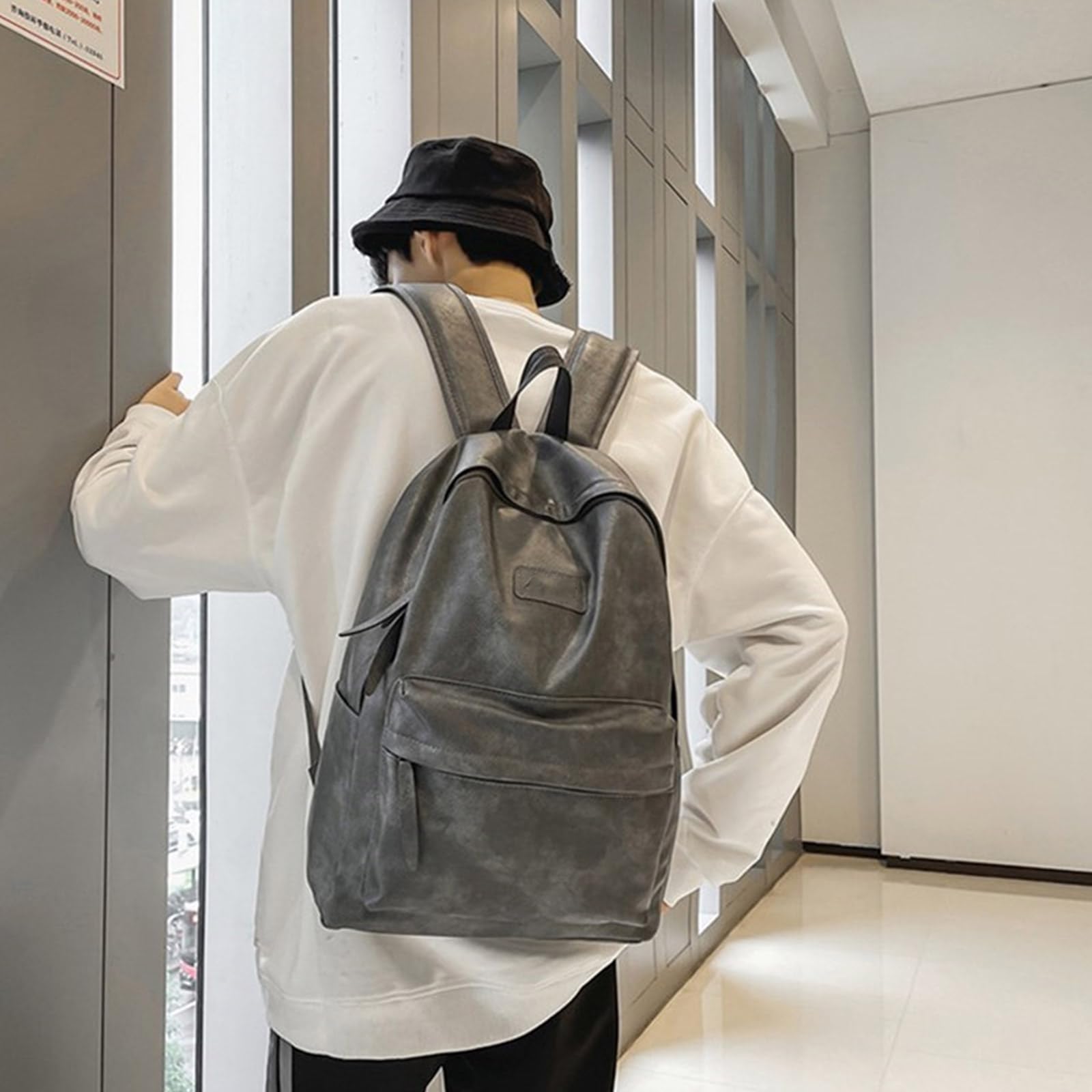 Korean Style PU Leather Backpack for Women & Men - Large Capacity Student School Backpack, Travel Backpack for College, Work & Daily Commute