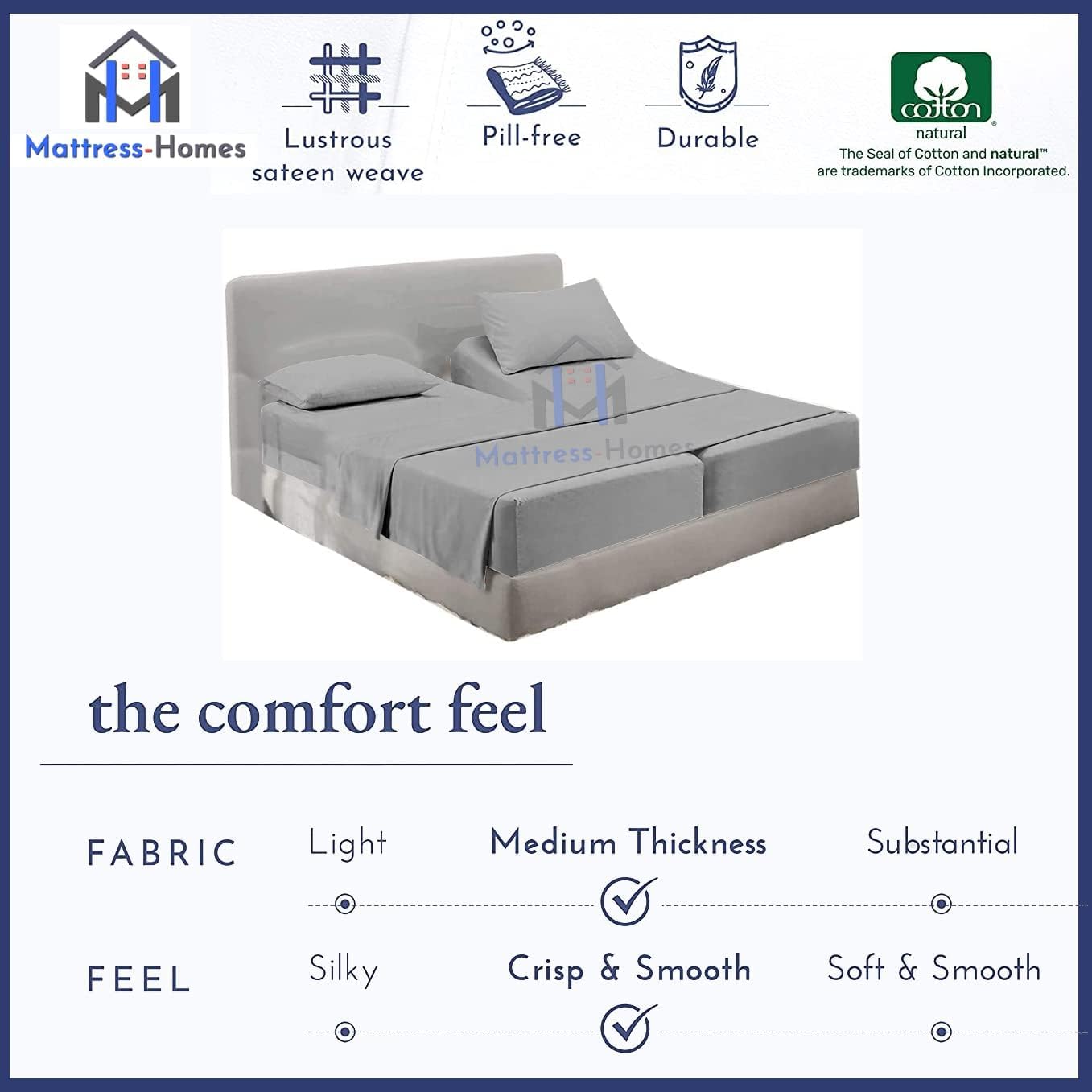 Split King Sheet Set 5-Piece - 600 Thread Count 100% Long Staple Combed Cotton for Adjustable Beds - Light Grey Solid - Perfect for Master Bedrooms, Guest Rooms & Sleep Comfort