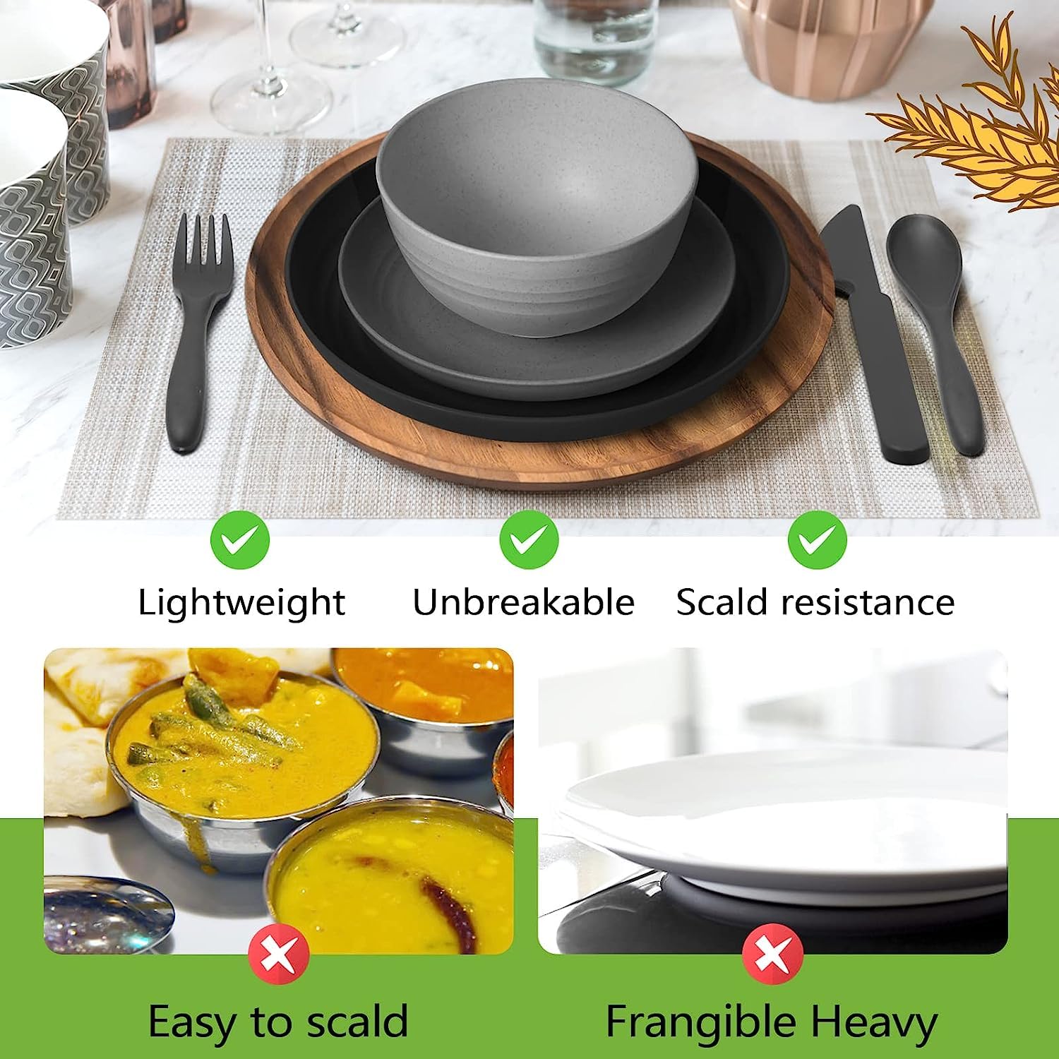Teivio 16-Piece Unbreakable Plastic Dinnerware Set for 4 - Includes Dinner Plates, Dessert Plates, Bowls & Cups - Durable Gray Ombre Kitchenware for Indoor/Outdoor Use - Perfect for Camping, Picnics & Everyday Dining