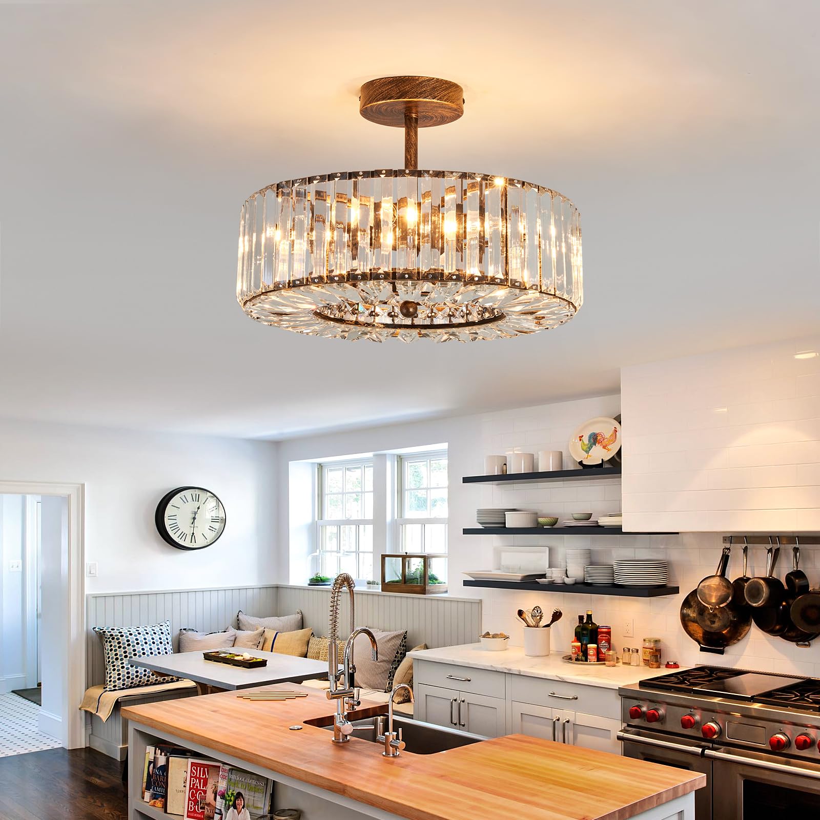 4-Light Modern Crystal Chandelier - Oil Rubbed Bronze Round Semi-Flush Mount Ceiling Light Fixture - Farmhouse Style Lighting for Dining Room, Living Room, Bedroom, Hallway, Entryway & Kitchen - Perfect for Home Decor, Wedding Venues and Restaurant Ambiance