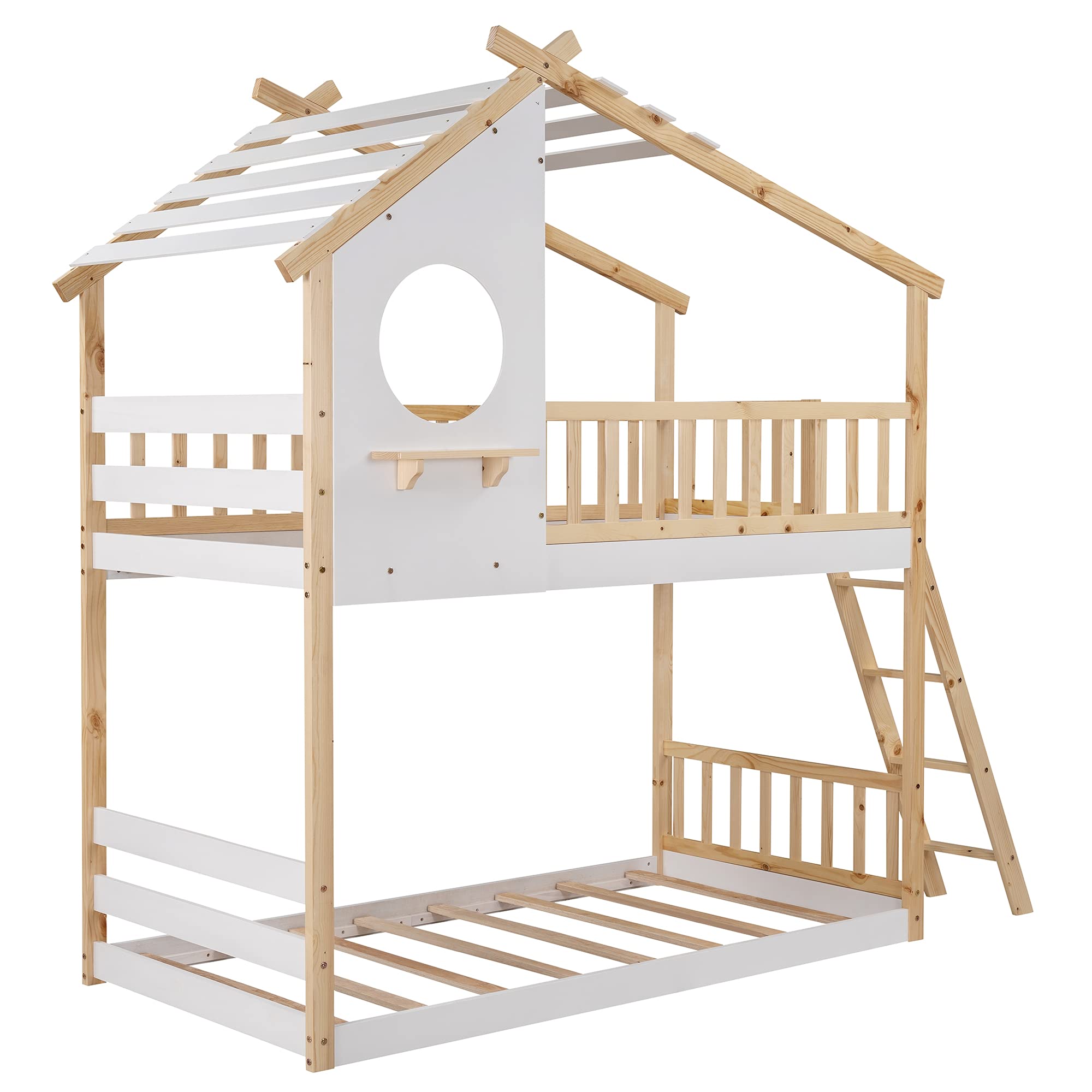 Twin Over Twin Wooden Bunk Bed Frame with Pitched Roof, Window & Ladder - Playhouse Style for Kids, Teens, Boys & Girls (Natural Finish) | Perfect for Bedrooms, Playrooms & Small Spaces
