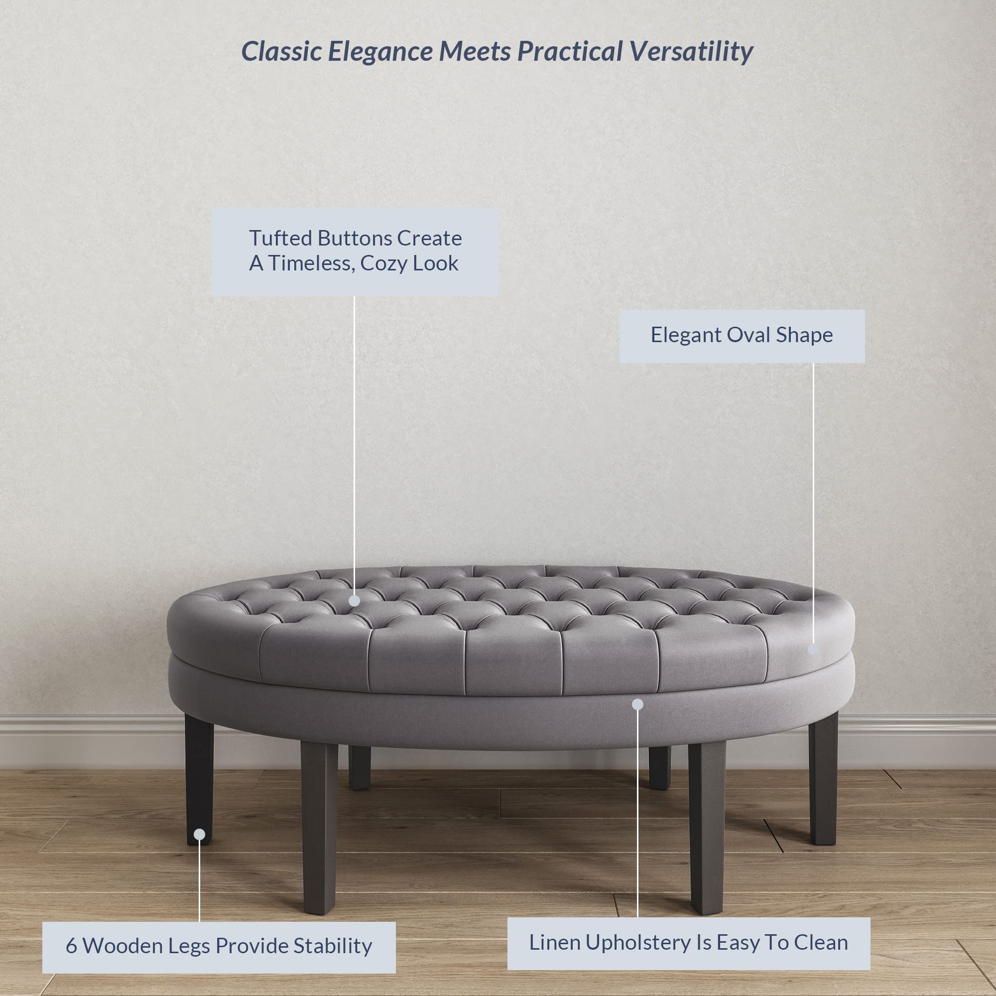 BELLEZE 46 Inch Oval Ottoman Bench with Button-Tufted Design, 6-Leg Coffee Table Footrest Stool - Upholstered in Premium Linen Fabric for Living Room, Bedroom, Entryway & Dining Room - Perfect for Extra Seating, Foot Rest & Stylish Home Decor (Tristar Gray)