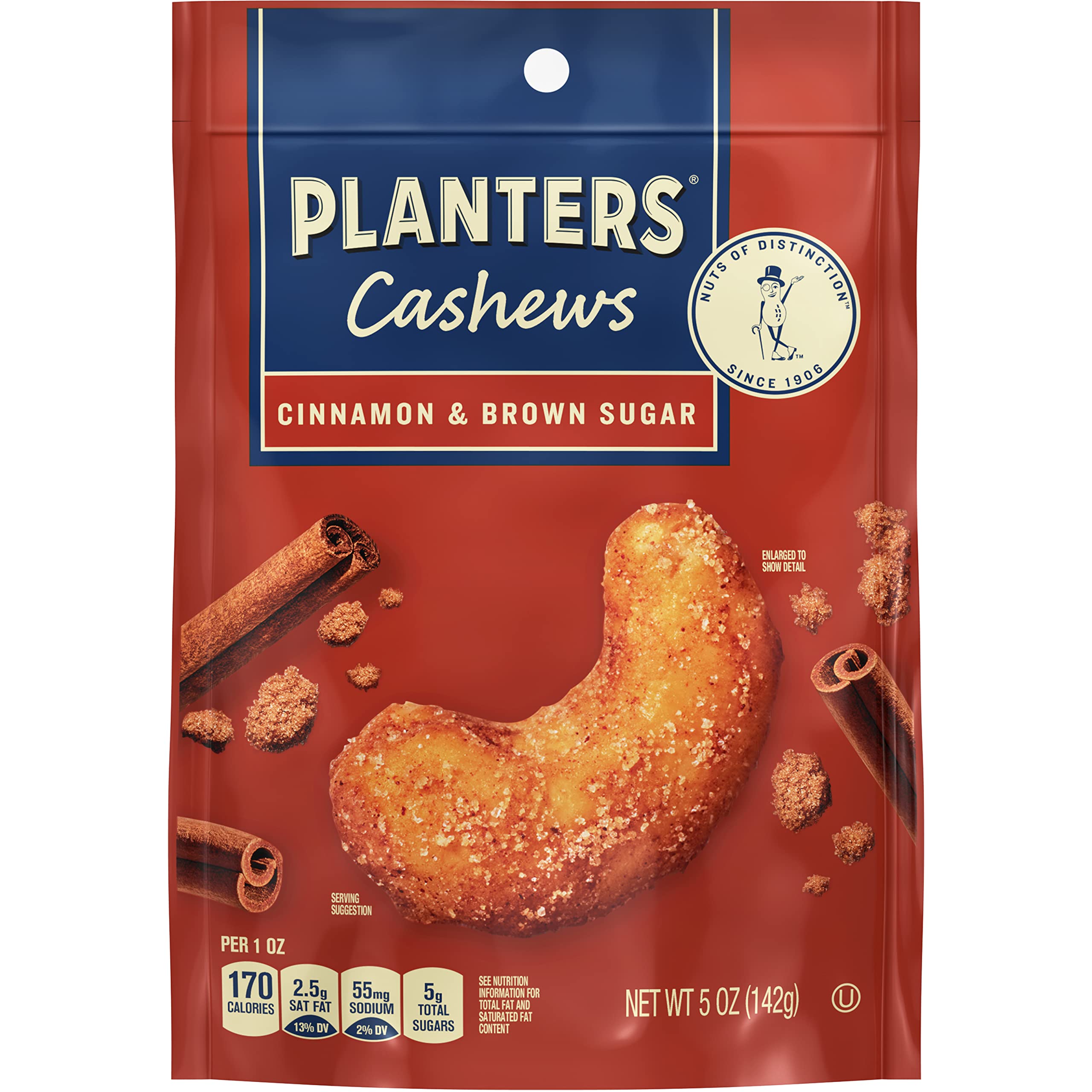 PLANTERS Cashews Cinnamon & Brown Sugar - Roasted Nuts, Sweet & Crunchy Snack, 5 Oz Resealable Bag - Perfect for Parties, Office Snacks & Healthy On-the-Go Treats