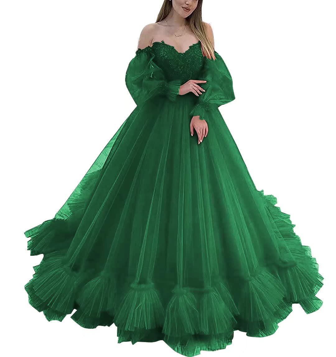 Elegant Off Shoulder Lace Ball Gown Quinceanera Dress - Long Sleeve Wedding Dress in Dusty Blue | Plus Size Bridal Gown for Quinceañera, Prom & Formal Events