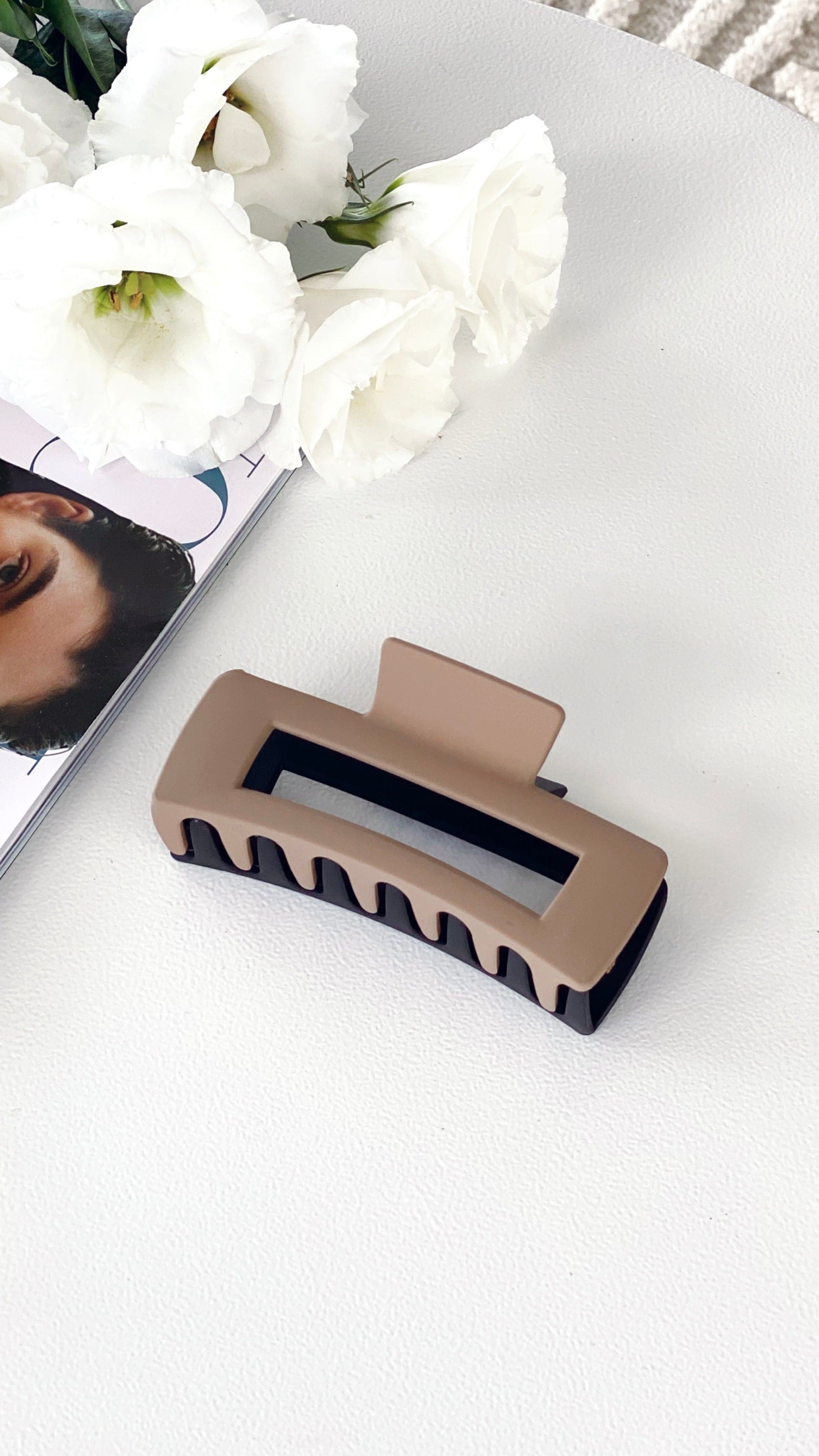 Lily Two Tone Rectangle Hair Clip - Tan & Black Hair Accessory for Women & Girls - Perfect for School, Work & Everyday Styling