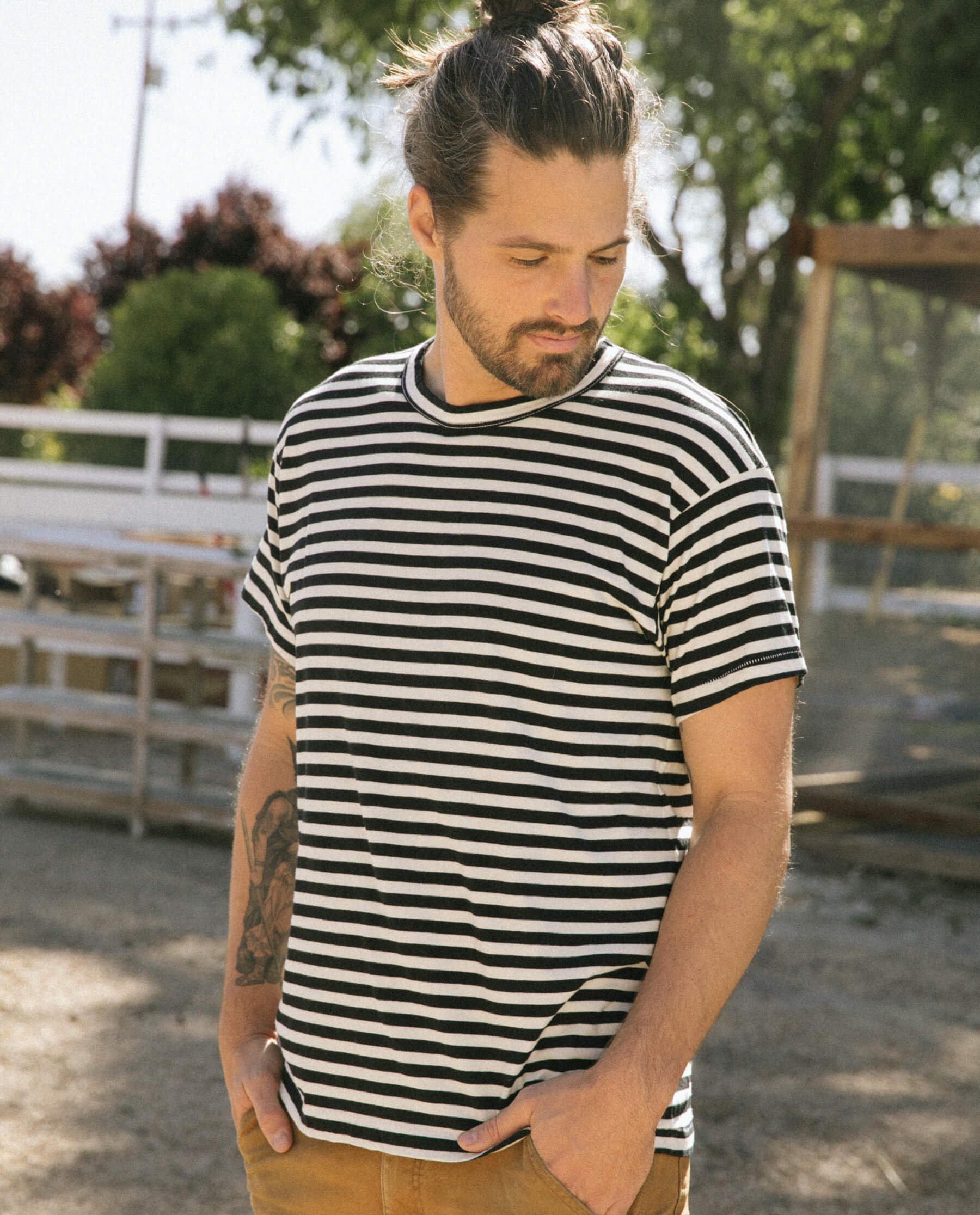 Men's Black and Cream Striped Boxy Crew Neck T-Shirt - Casual Comfort Fit for Everyday Wear & Street Style Outfits
