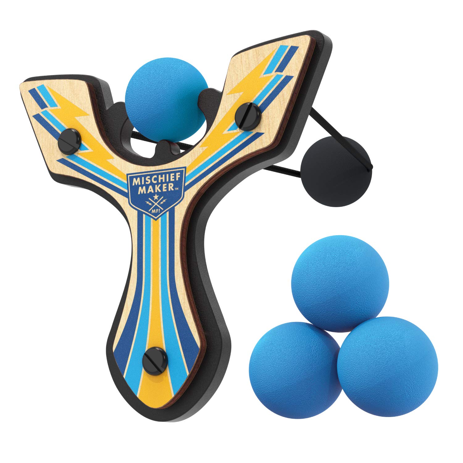 Mischief Maker® Racing Wooden Toy Slingshot with 6 Soft Foam Balls - Blue Lightning Design for Outdoor Play, Backyard Games & Kids Birthday Gifts