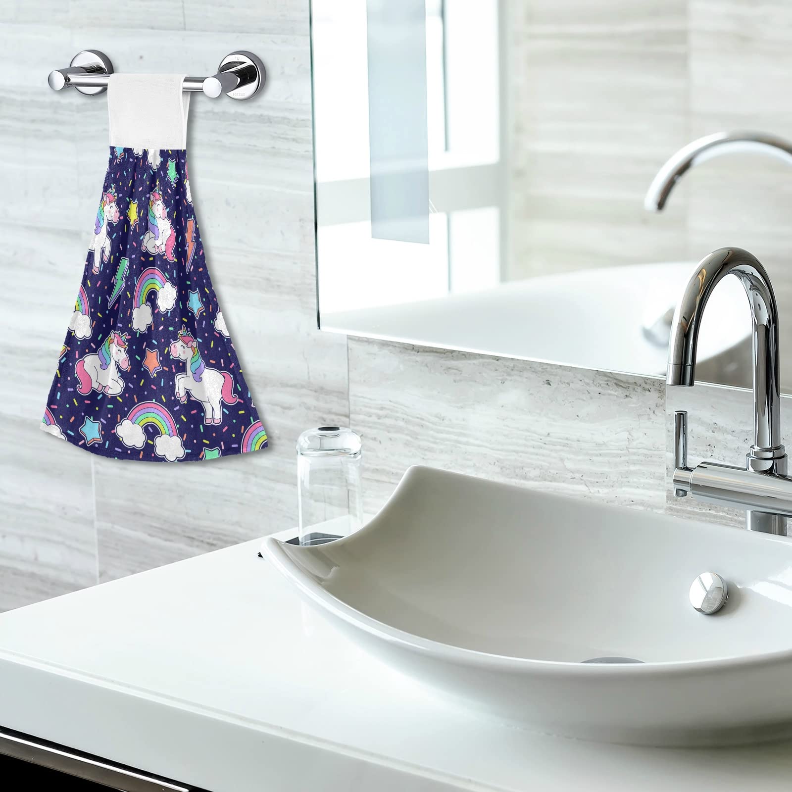 2 Pack Rainbow Unicorn Star Thunder Seamless Hanging Kitchen Hand Towels - Soft Fast Drying Bath & Face Towels with Hook & Loop - Perfect for Kitchen, Bathroom, Dishwashing & Home Cleaning