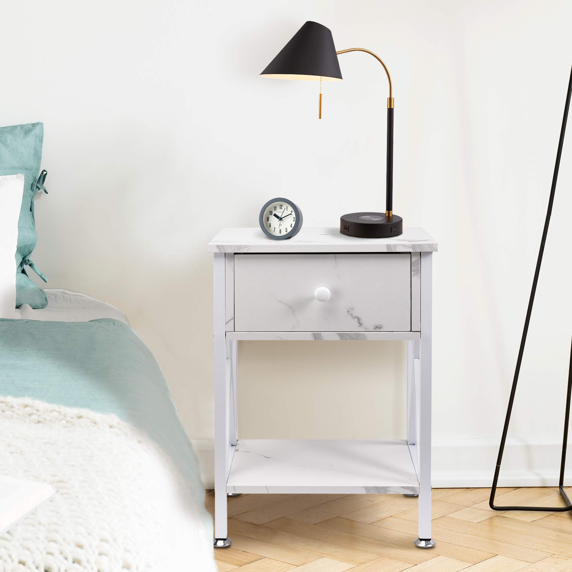 GOOD & GRACIOUS Multi-Function Nightstand with Drawer & Shelf - Narrow X-Shape Frame End Table for Bedroom, Living Room - Marble White | Perfect for Small Spaces, Bedside Storage & Modern Home Decor