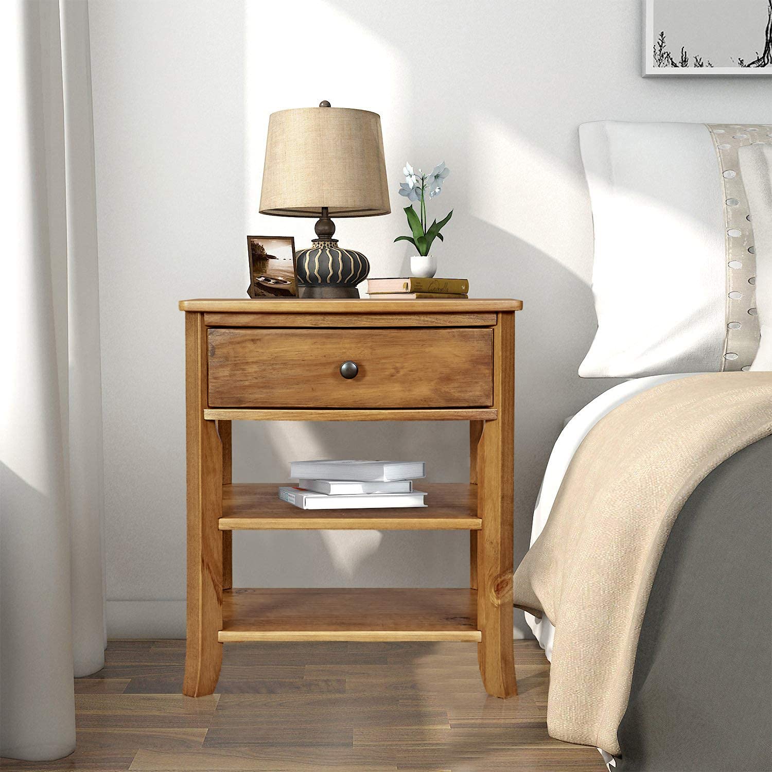 Rustic Wood 3-Tier Nightstand with Storage Shelf & Drawer - Bedroom Side Table, Living Room End Table with Round Metal Knobs - Heritage Collection Furniture in Teak Finish - Perfect for Small Spaces, Guest Rooms & Apartment Decor