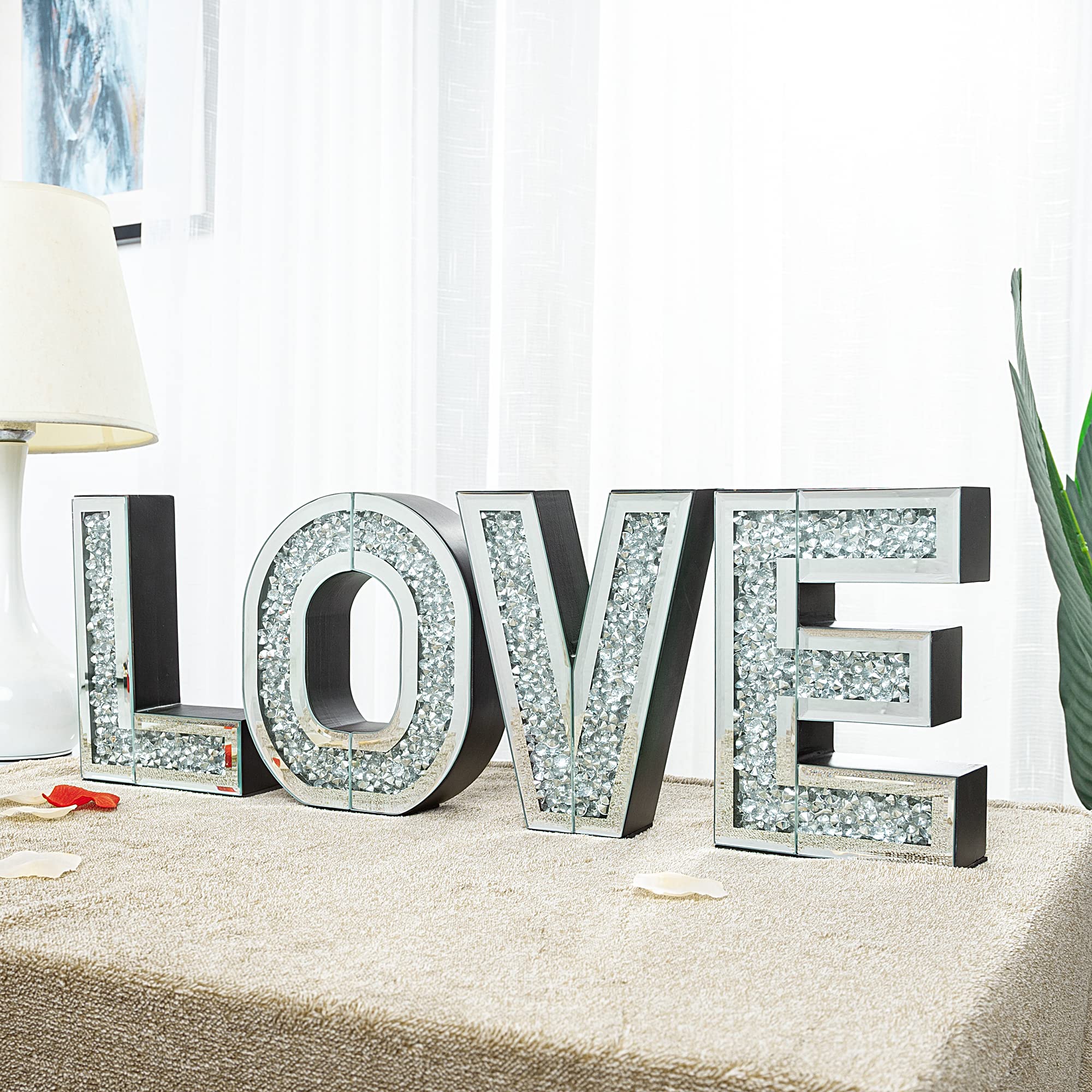 SHYFOY Love Letter Mirror Wall Decor - Set of 4 Crystal Diamond Mirrors for Wedding Centerpiece, Living Room & Bedroom Decoration - Tabletop or Wall Mounted Home Accent for Romantic Gifts & Anniversary Decor