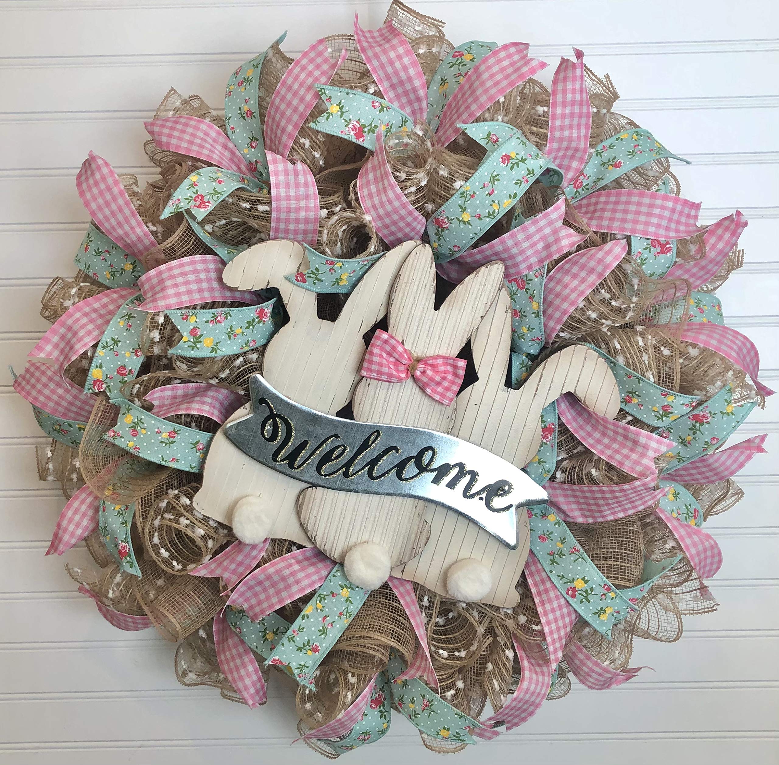 Rustic Spring Easter Bunny Wreath - Handmade Easter Door Decor with Burlap Bow - Perfect for Front Door, Mantel & Spring Home Decor - FREE Shipping