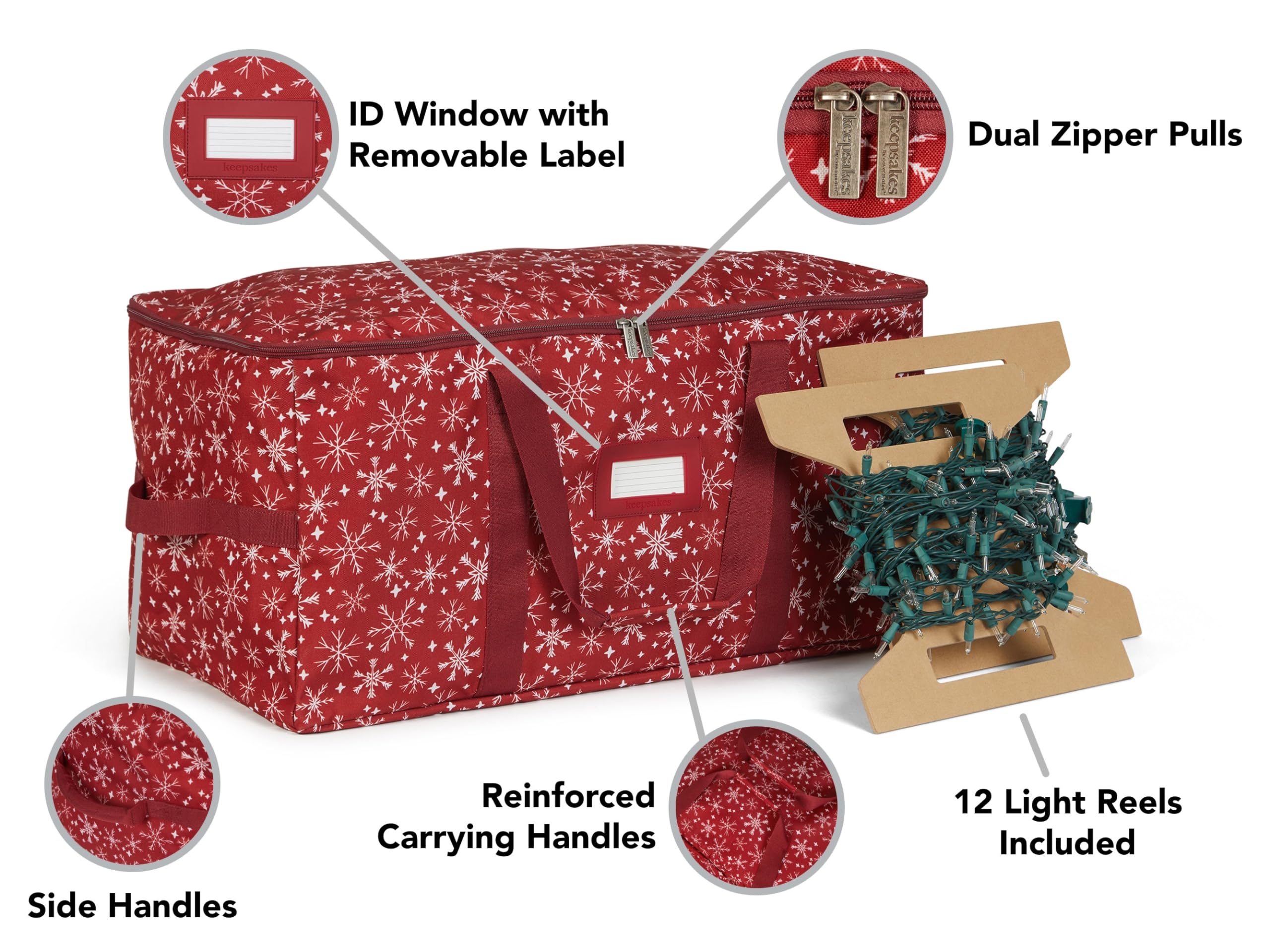 Covermates Keepsakes Christmas Light Storage Bag with Carrying Handles & ID Window - Holiday Decoration Organizer for Xmas Lights, Ornaments - Red Snowflake Design - Perfect for Seasonal Storage & Home Organization
